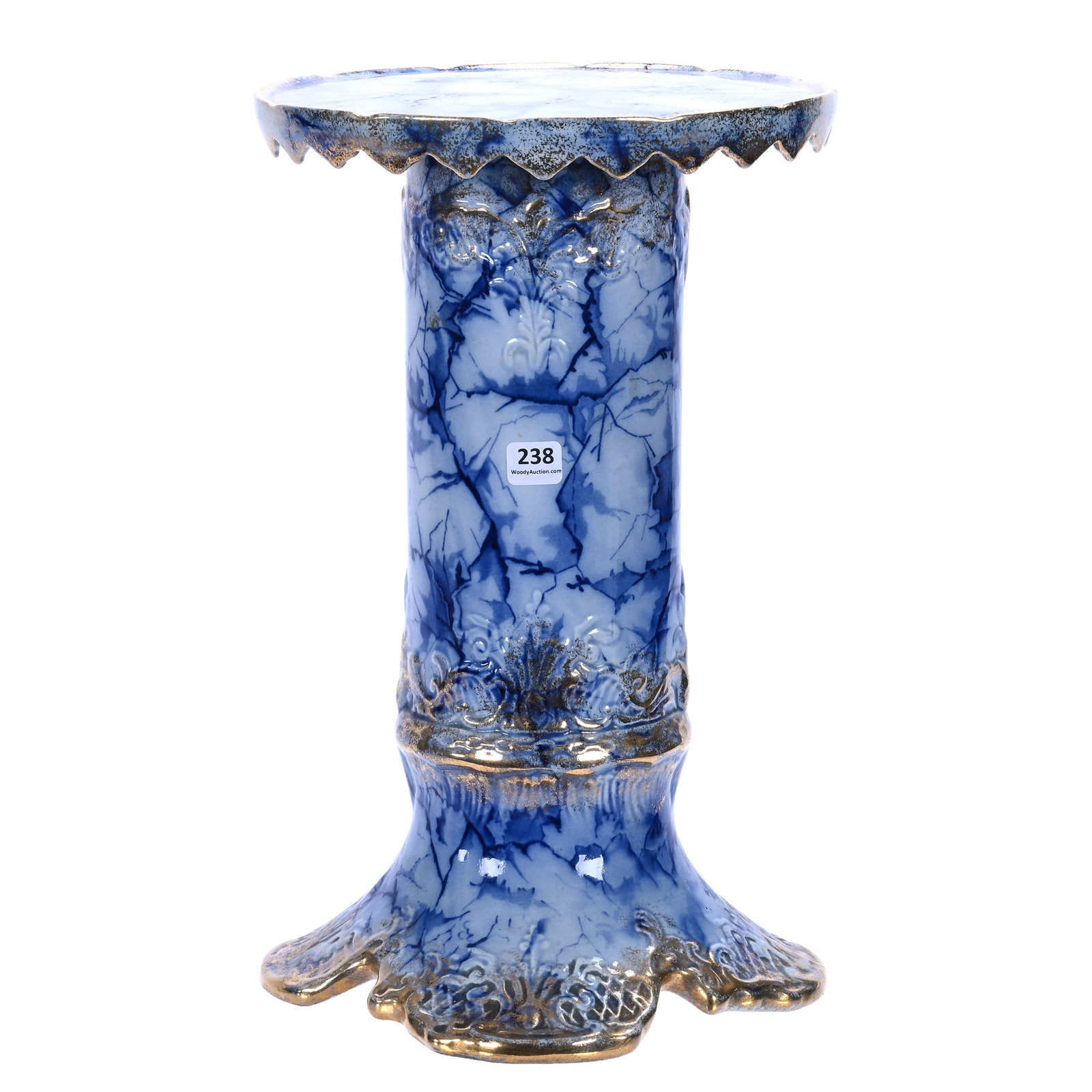 Two Piece Plant Stand, Unmarked Flow Blue Attributed To Wheeling Pottery Company: Two Piece Plant Stand, Unmarked Flow Blue Attributed To Wheeling Pottery Company, 14.75 x 9.5 x 9.5 Inches, Crackle Affect With Gold Stencil Highlights, Rare Form, 7.4 Pounds, William "Bill" Wright