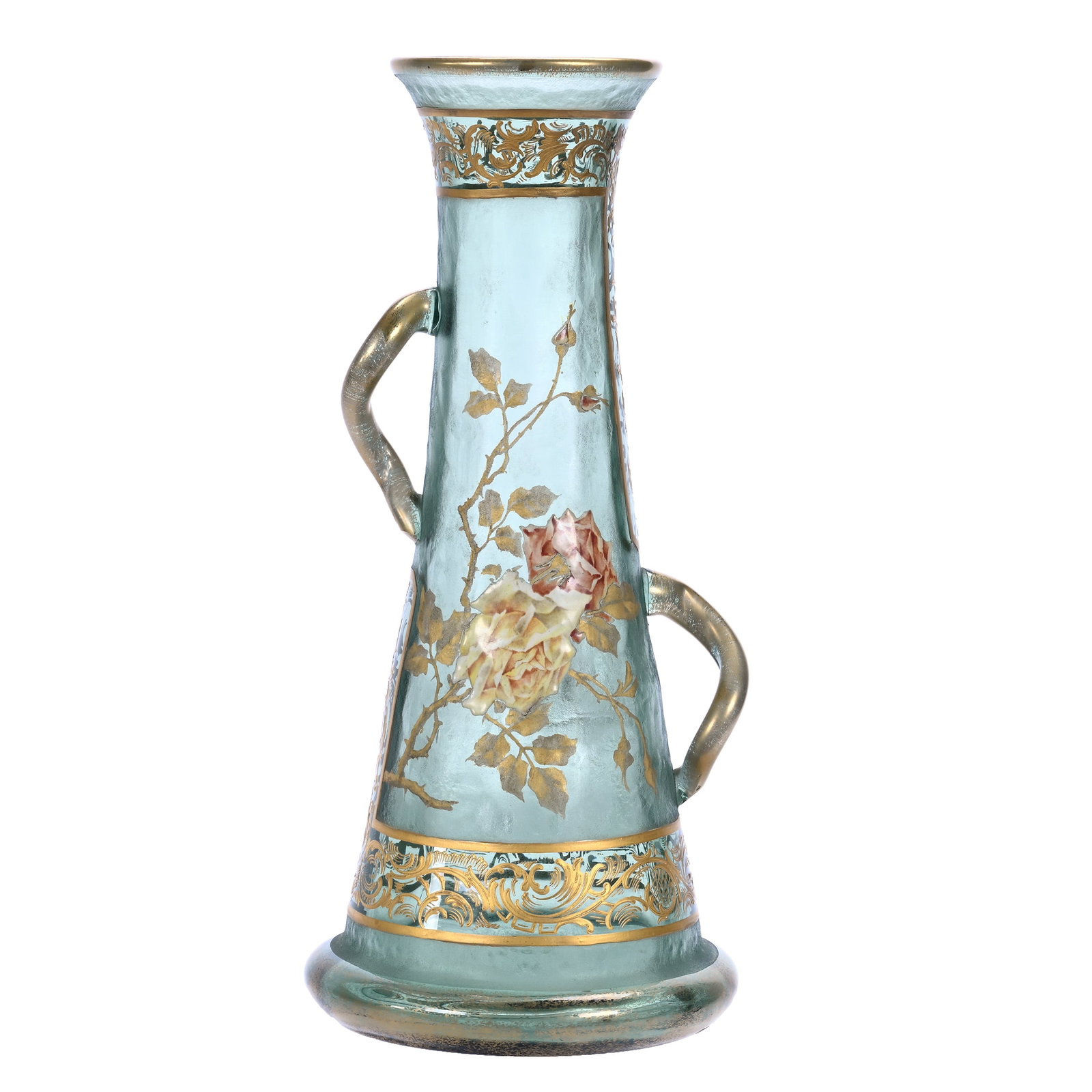 Two Handled Vase, Unmarked Mont Joye: Two Handled Vase, Unmarked Mont Joye, 14.75 x 6.5 x 6.5 Inches, Aqua Colored Glass With Acid Cut Body And Heavy Enamel Rose Branch Decor, Polished Pontil Base, 4.3 Pounds, William "Bill" Wright Collec