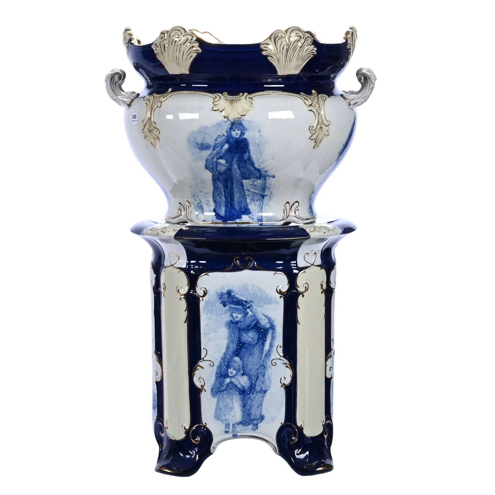 Two Part Jardiniere And Pedestal/Garden Seat, Unmarked Flow Blue Pottery: Two Part Jardiniere And Pedestal/Garden Seat, Unmarked Flow Blue Pottery, 27.5 x 17 x 15 Inches, White And Cream Panels With Exceptional Children's Scenic Decors, Beautiful Matched Set, Nice Gold