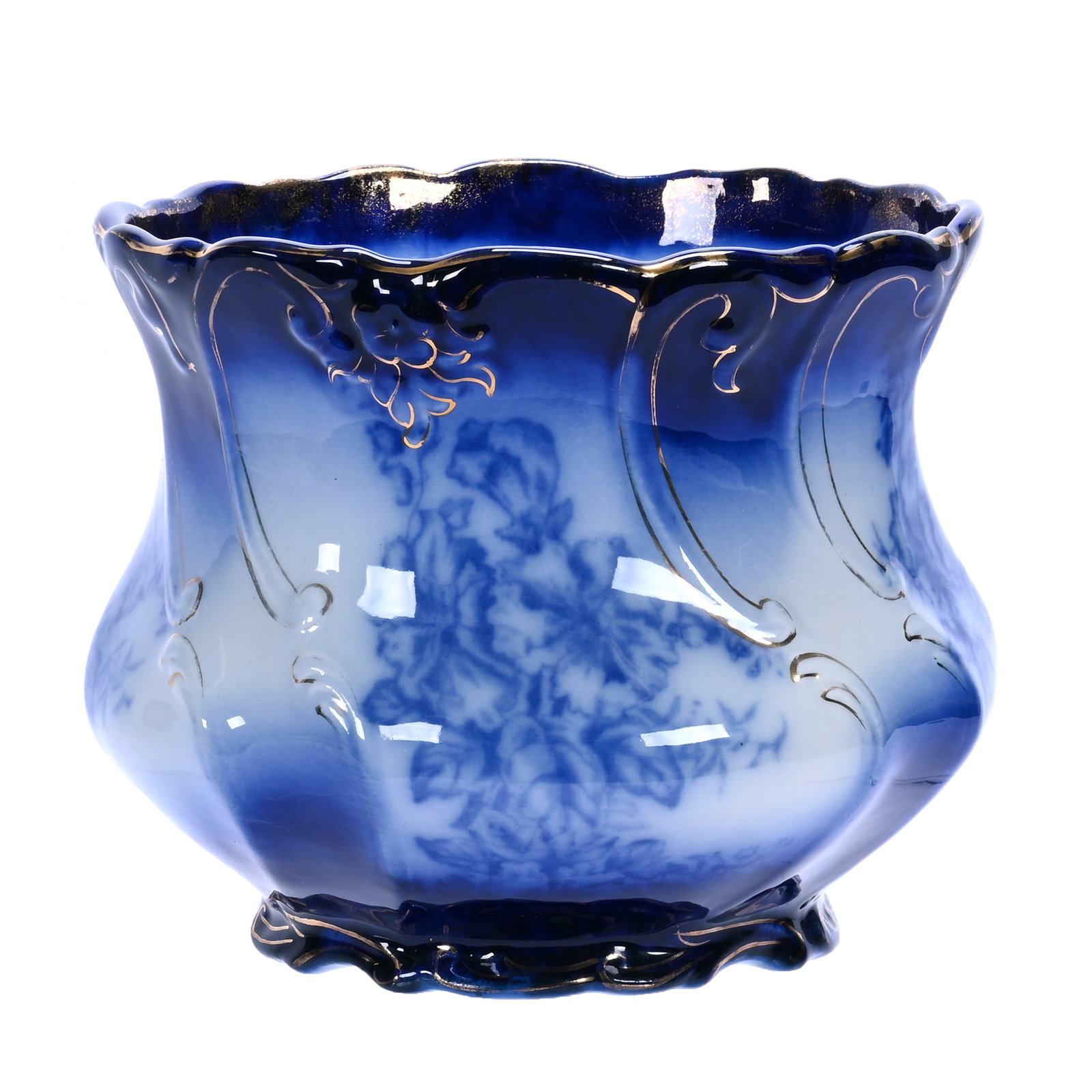 Jardiniere, Flow Blue Marked Labelle China (By Wheeling Pottery Company): Jardiniere, Flow Blue Marked Labelle China (By Wheeling Pottery Company), 7.25 x 8.5 x 8.5 Inches, Floral Decor With Gold Stencil Highlights, 3.5 Pounds, William "Bill" Wright Collection, Wisconsin.