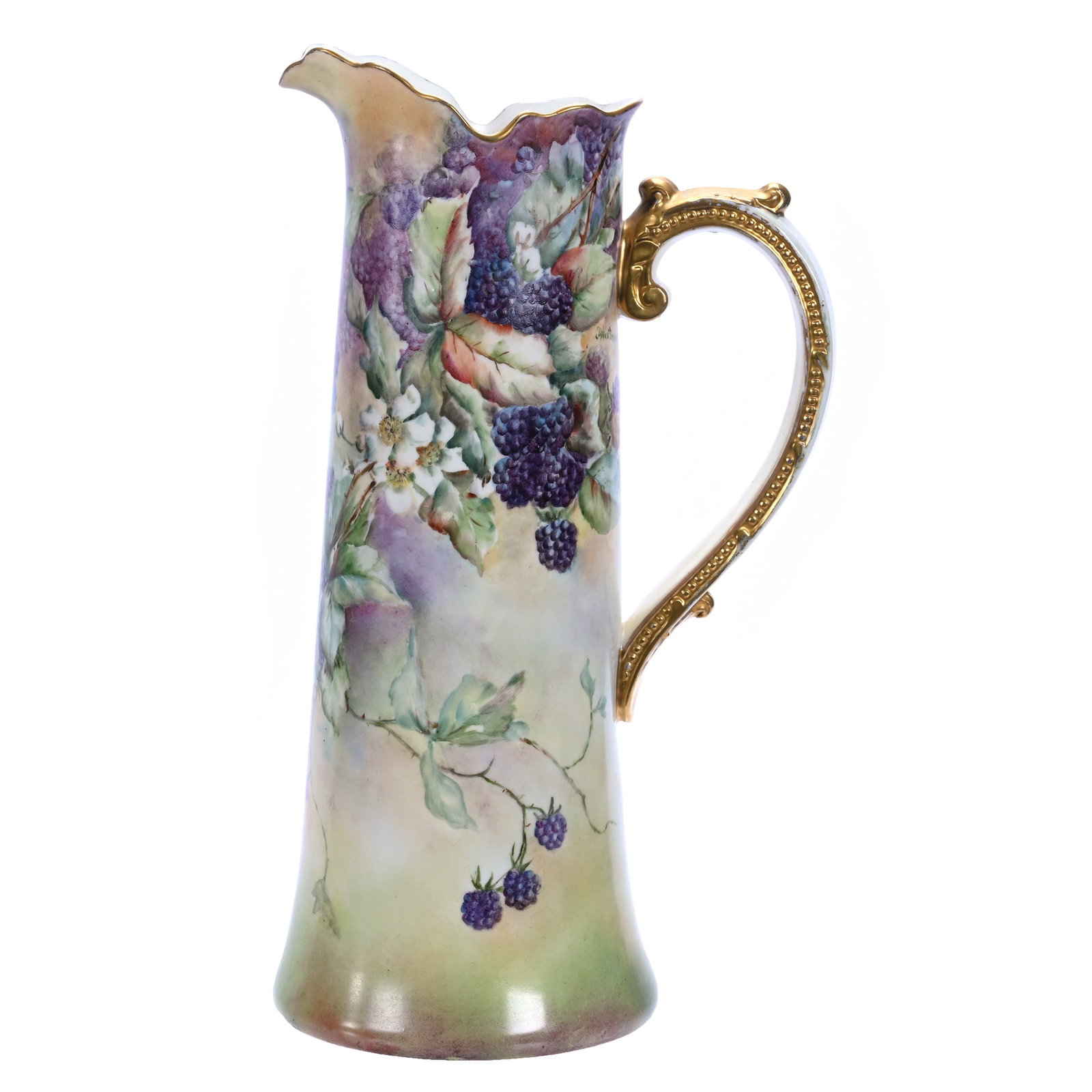 Tankard, Marked Willets Belleek: Tankard, Marked Willets Belleek, 14.75 x 8.5 x 6 Inches, Hand Painted Blackberry Decor, Artist Signed Westervelt, 3.7 Pounds, William "Bill" Wright Collection, Wisconsin. Effective 6/6/26, All LiveAuc