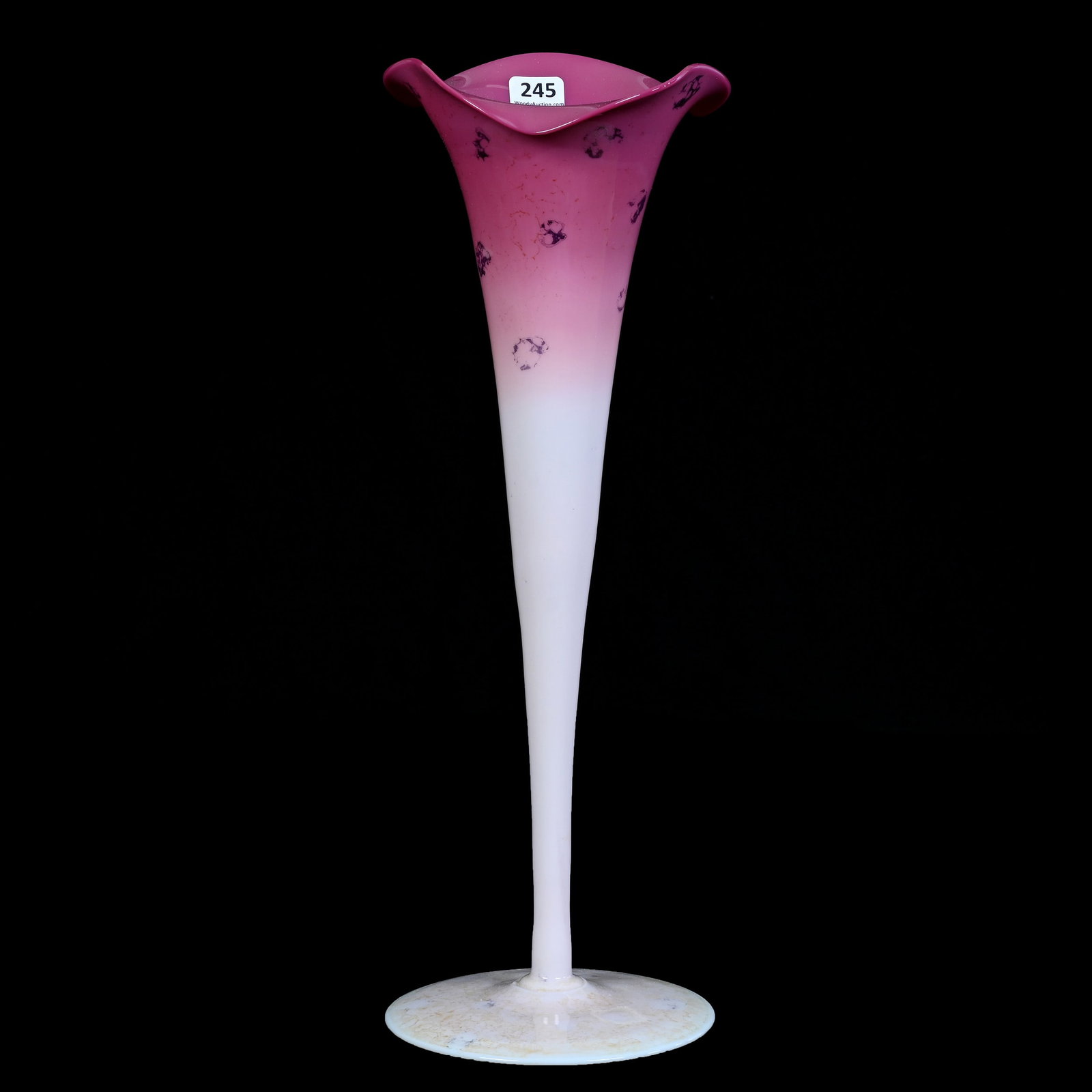 Trumpet Vase, Pink Agata Art Glass By New England: Trumpet Vase, Pink Agata Art Glass By New England, 15.25 x 5.25 x 5.25 Inches, Nice Example, 1.2 Pounds, Douglas Millhoff Collection, Ohio. Effective 6/6/26, All LiveAuctioneers Invoices Must Be Paid 