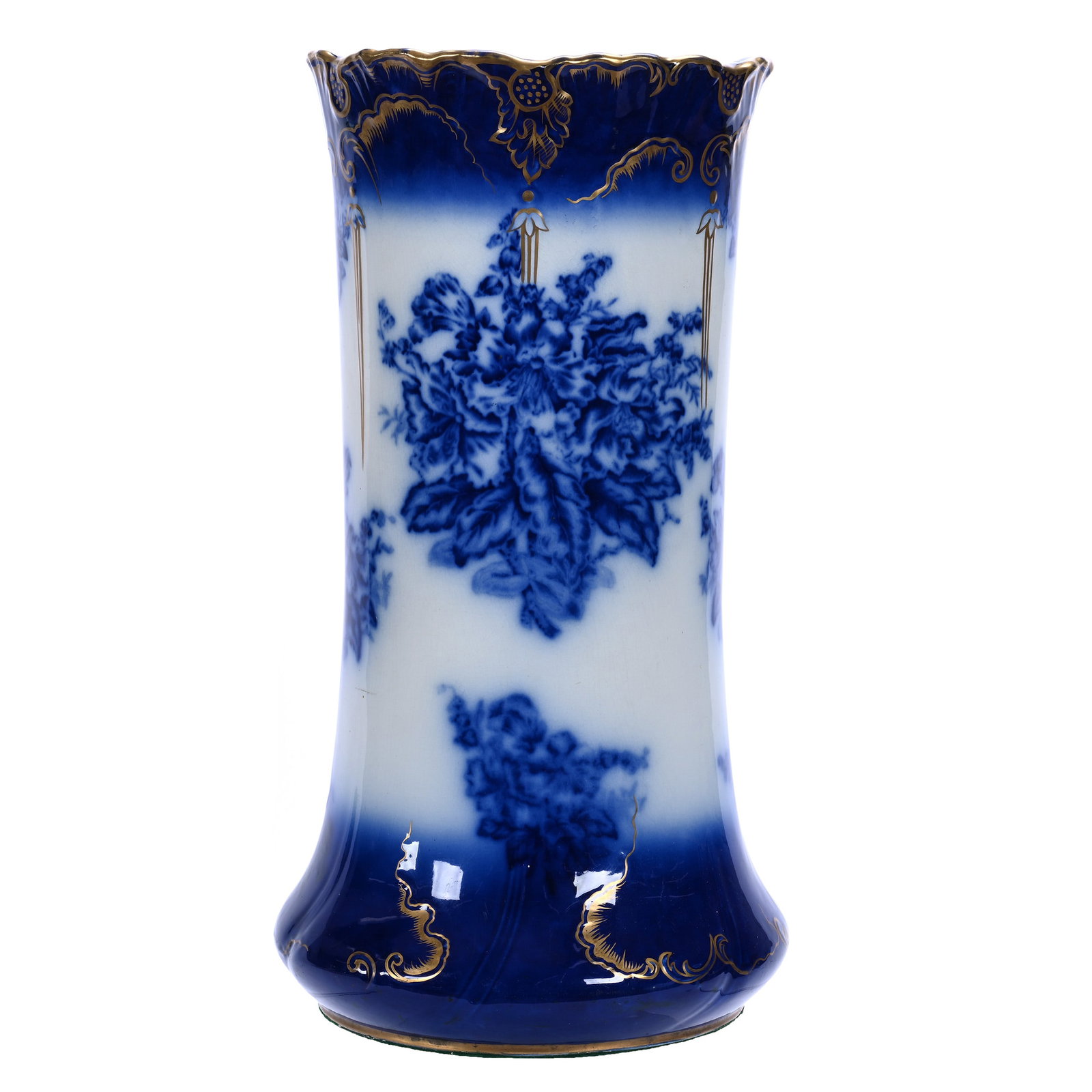 Umbrella Stand, Flow Blue Marked Wheeling Pottery Company: Umbrella Stand, Flow Blue Marked Wheeling Pottery Company, 22.5 x 12 x 12 Inches, Beautiful Wild Poppy Decor With Gold Stencil Highlights, Excellent Example. Woody Auction Cannot Ship This Item, It Mu
