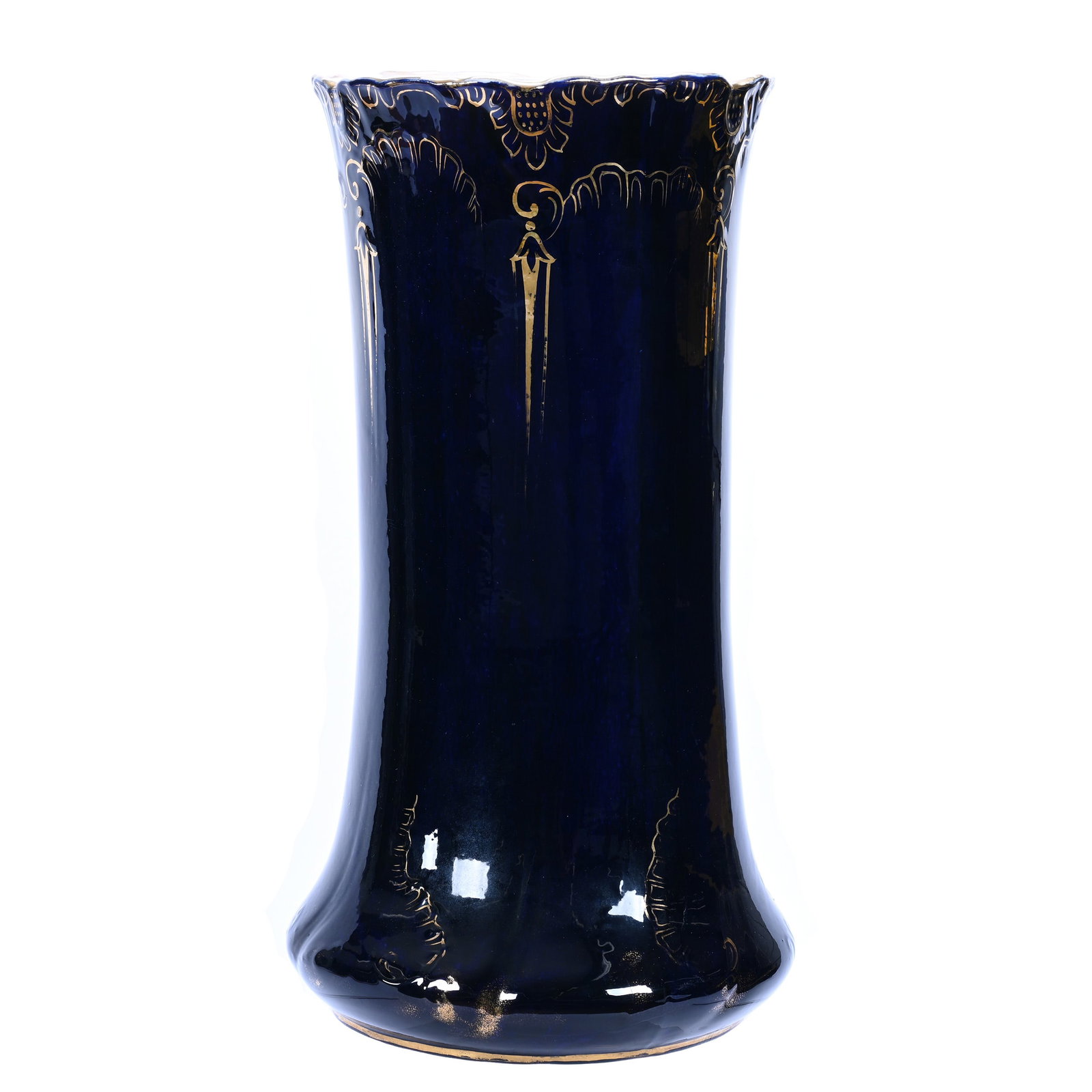 Umbrella Stand, Marked Labelle China (By Wheeling Pottery Company): Umbrella Stand, Marked Labelle China (By Wheeling Pottery Company), 22.5 x 12 x 12 Inches, Dark Cobalt Blue With Gold Stencil Highlights, Crows Foot On Base. Woody Auction Cannot Ship This Item, It Mu
