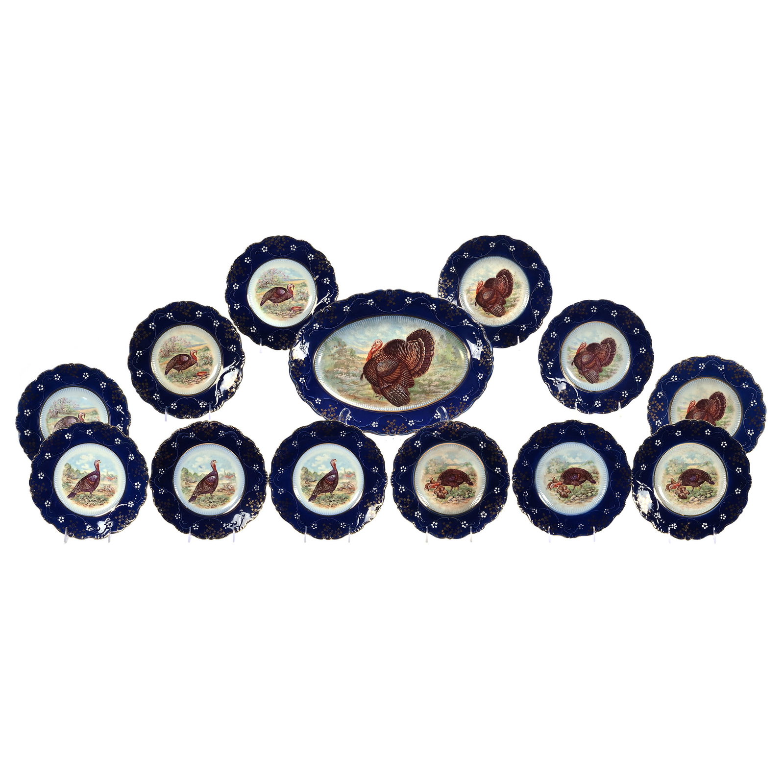 Turkey Platter And (12) Dinner Plates, Marked Labelle China (By Wheeling Pottery Company): Turkey Platter And (12) Dinner Plates, Marked Labelle China (By Wheeling Pottery Company), 17.5 x 12.75 x 1.75 Inches, Cobalt Blue, Polychromatic Turkey Scenic Decor With Enamel Floral Border And Gold
