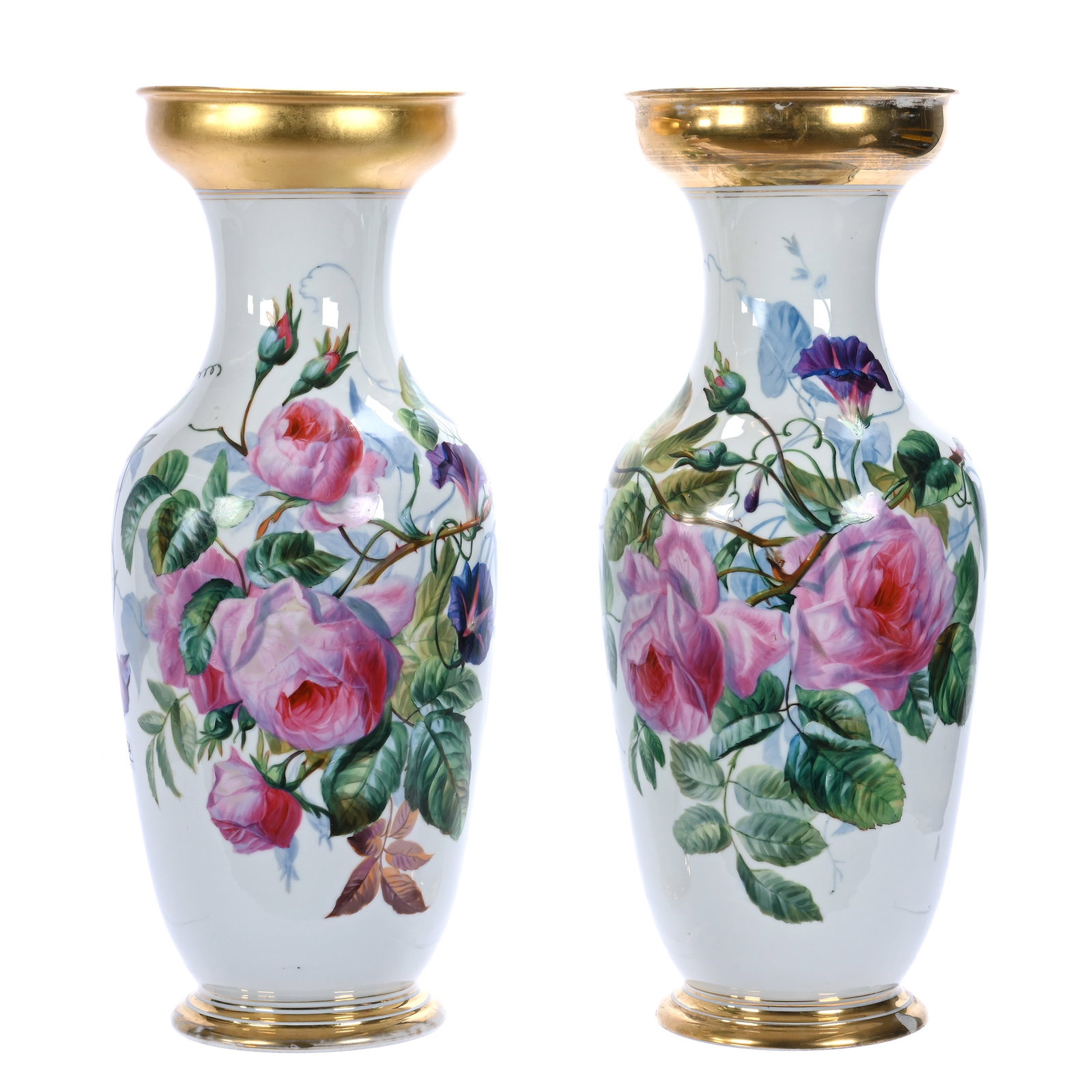 Pair Vases, Unmarked French Porcelain: Pair Vases, Unmarked French Porcelain, 19.75 x 7.75 x 7.75 Inches, White With Hand Painted Rose And Morning Glory Decor, Gold Trim Highlights, Gold Rim Of One Vase Has Been Touched Up, Base Of Other H