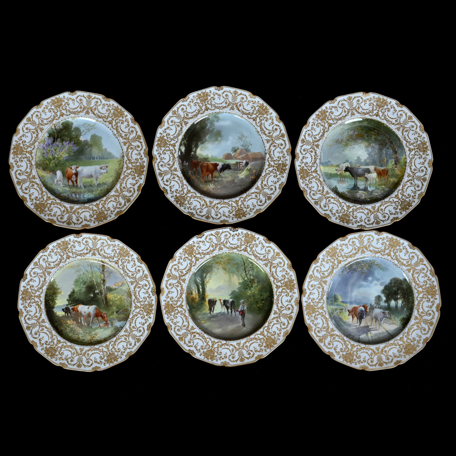 (6) Plates, Marked Royal Doulton: (6) Plates, Marked Royal Doulton, 10.25 x 10.25 x 0.75 Inches, Hand Painted Cattle Scenic Decor, White Border With Extensive Gold Enamel Scroll And Urn Design, Artist Signed C. Beresford Hopkins, Each