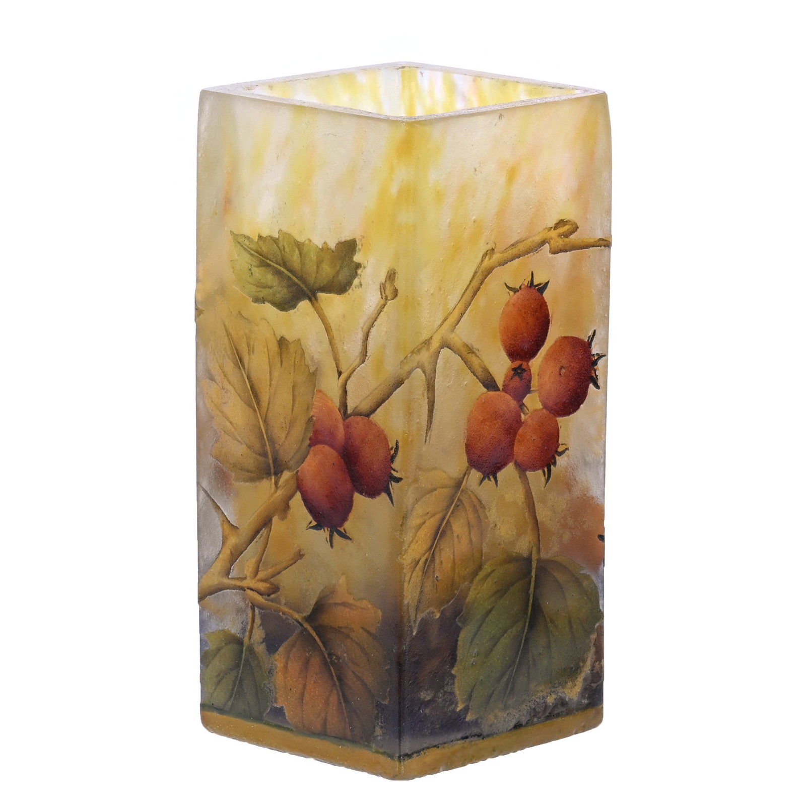 Square Vase, Signed Daum Nancy French Cameo Art Glass: Square Vase, Signed Daum Nancy French Cameo Art Glass, 4.5 x 2 x 2 Inches, Lavender, Yellow, And Pink Mottled Background With Enamel Hawthorne Berry Decor, Hard To See Base Rim Touchup, 1 Pound, Willi