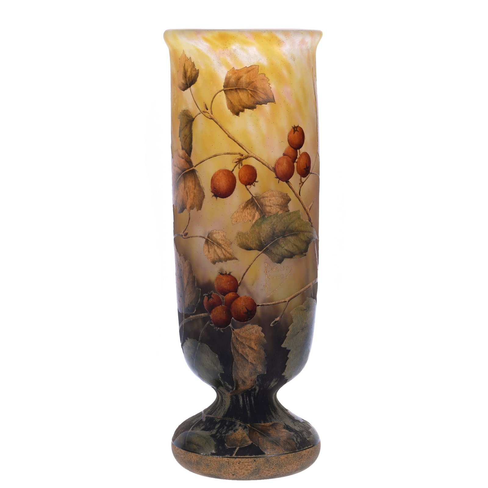 Pedestal Vase, Signed Daum Nancy French Cameo Art Glass: Pedestal Vase, Signed Daum Nancy French Cameo Art Glass, 12 x 4.25 x 4.25 Inches, Amethyst, Yellow, And Pink Mottled Ground With Enamel Hawthorn Berry Decor, Exceptional Example, 4 Pounds, William "Bi