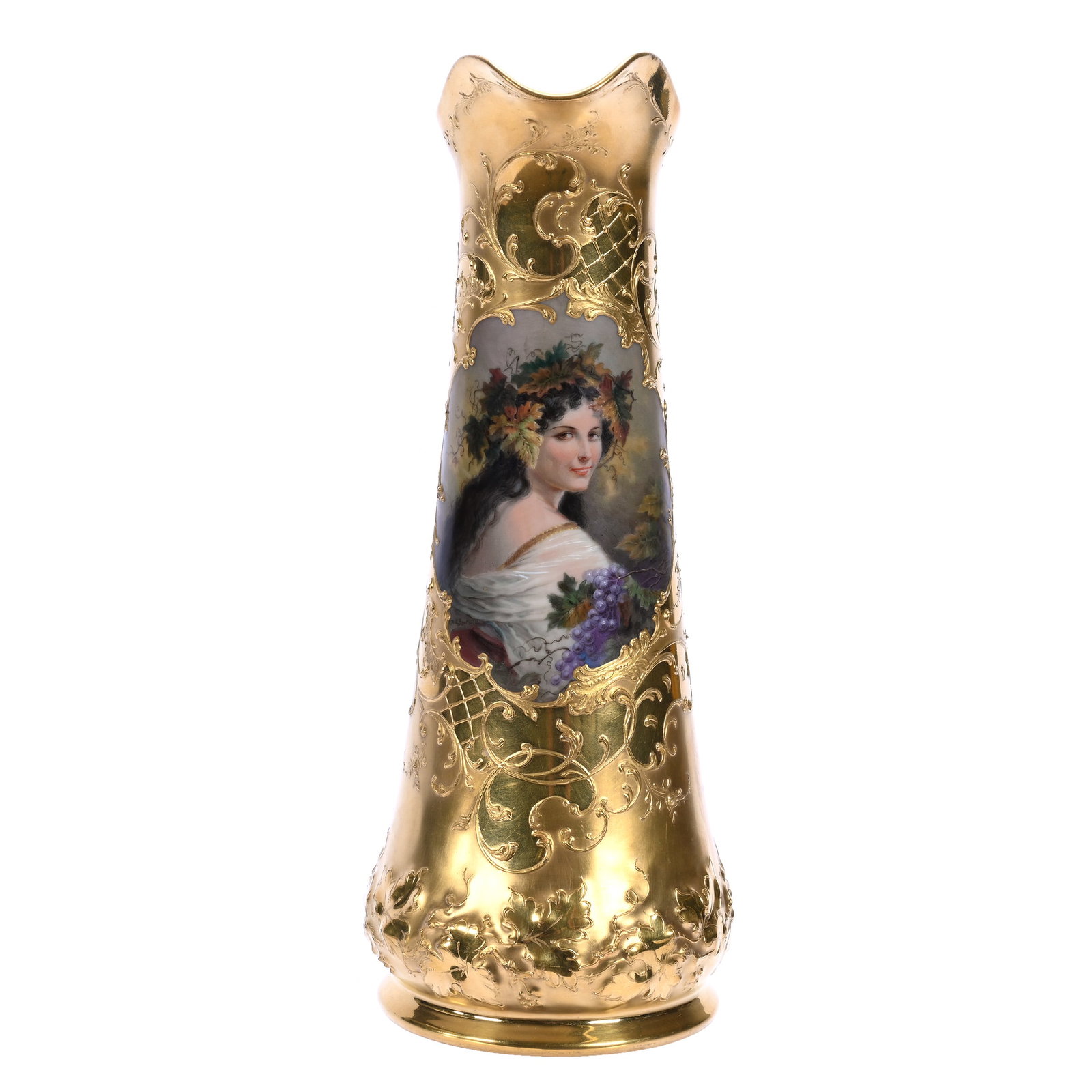 Tankard, Marked Dresden: Tankard, Marked Dresden, 12 x 5.5 x 4.5 Inches, Solid Gold Background With Hand Painted Portrait Of Young Woman With Vintage Highlights, Exceptional Detail, 1.7 Pounds, William "Bill" Wright Collectio