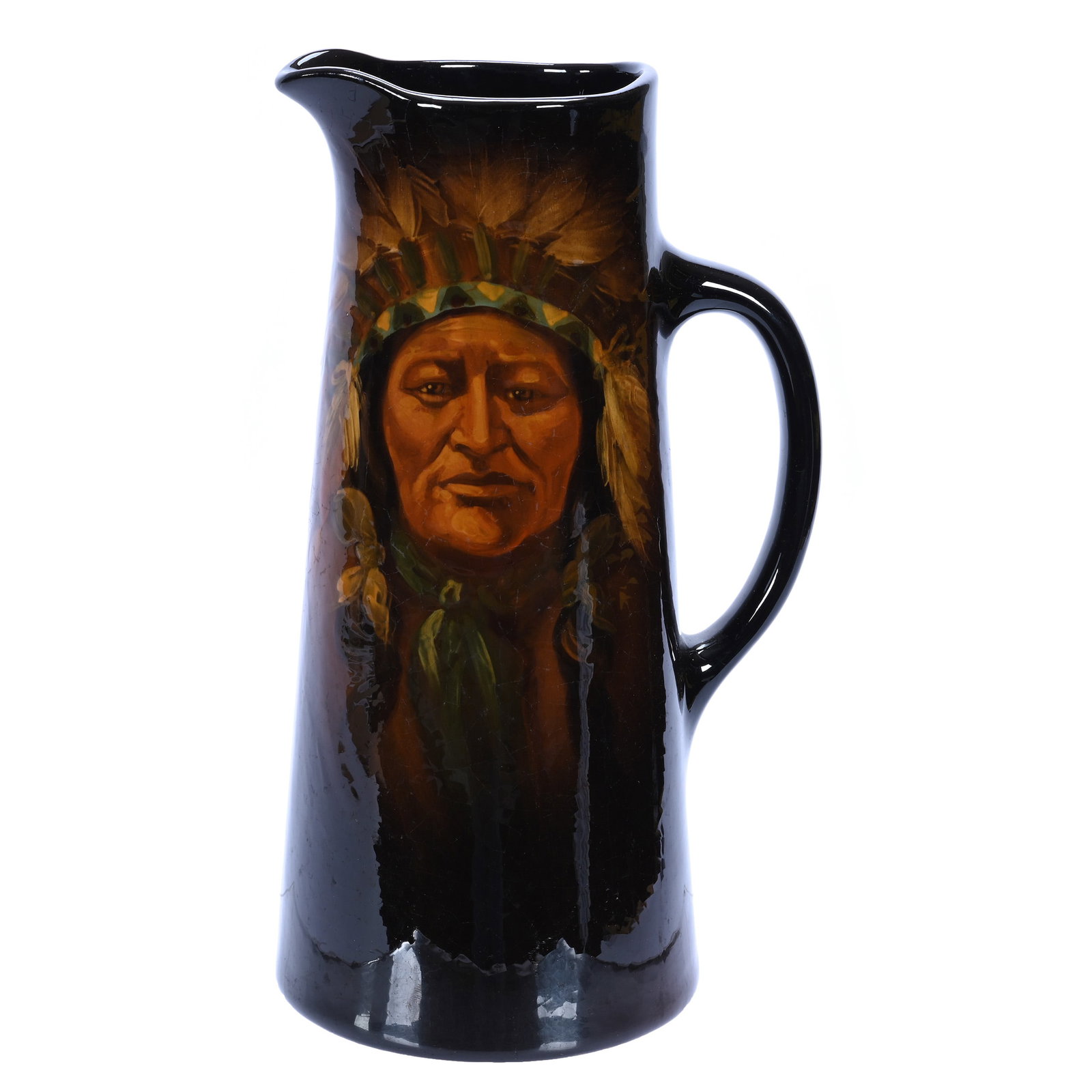 Tankard, Marked Weller Louwelsa Art Pottery: Tankard, Marked Weller Louwelsa Art Pottery, 12.75 x 7.25 x 5.75 Inches, Standard Glaze With Native American Chief Portrait, Artist Signed But Very Difficult To See, Excellent Detail And Condition, 4