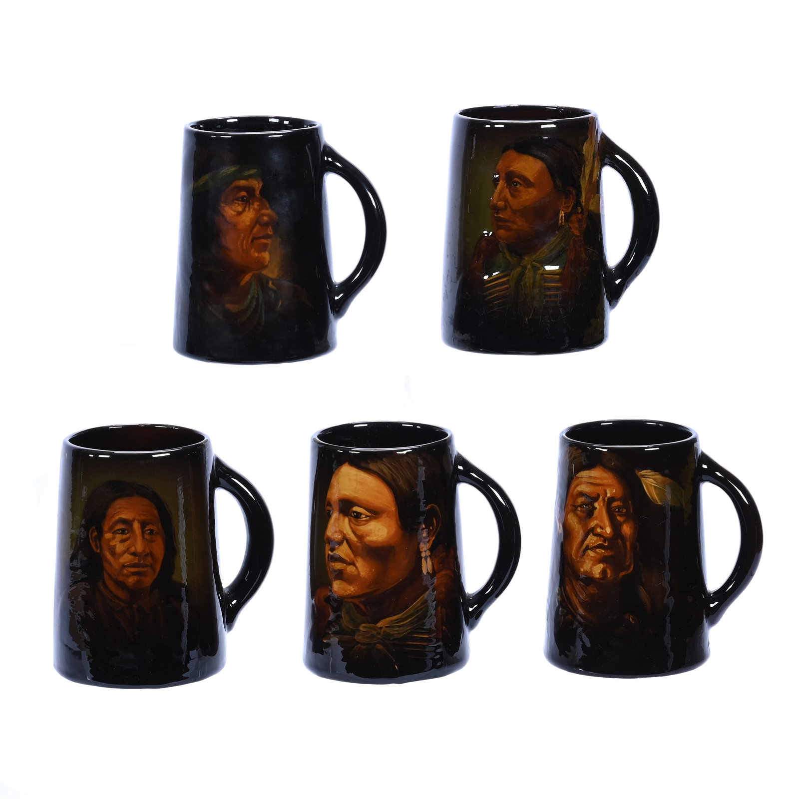 (5) Mugs, Marked Weller Louwelsa Art Pottery: (5) Mugs, Marked Weller Louwelsa Art Pottery, 6 x 5 x 4.25 Inches, Standard Glaze, Hand Painted Native American Brave Portraits, All Artist Signed By Various Artists, Incredible Set, 6.9 Pounds,