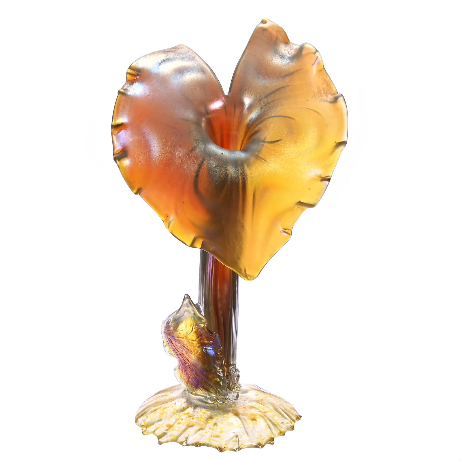 Jack In Pulpit Flora Form Vase, Unmarked Loetz Art Glass: Jack In Pulpit Flora Form Vase, Unmarked Loetz Art Glass, 15 x 8 x 6.25 Inches, Gold Iridescent, 3.4 Pounds, William "Bill" Wright Collection, Wisconsin. Effective 6/6/26, All LiveAuctioneers