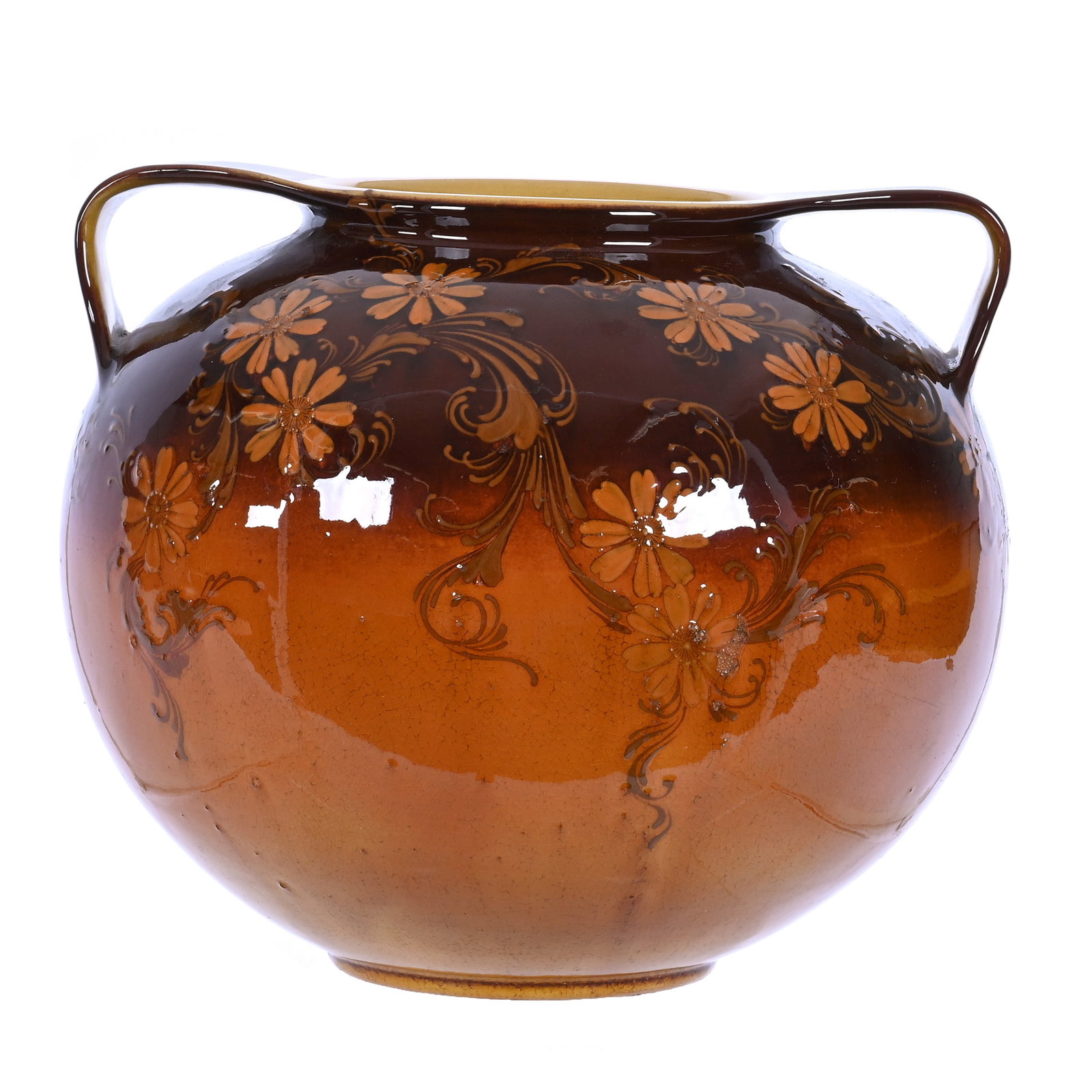 Two Handled Vase, Rookwood Art Pottery, Dated 1888: Two Handled Vase, Rookwood Art Pottery, Dated 1888, 9 x 10.5 x 10.5 Inches, Brown Glaze With Blossom And Scroll Design, Artist Signed Arv (Albert Valentine), 7.8 Pounds, Douglas Millhoff Collection,