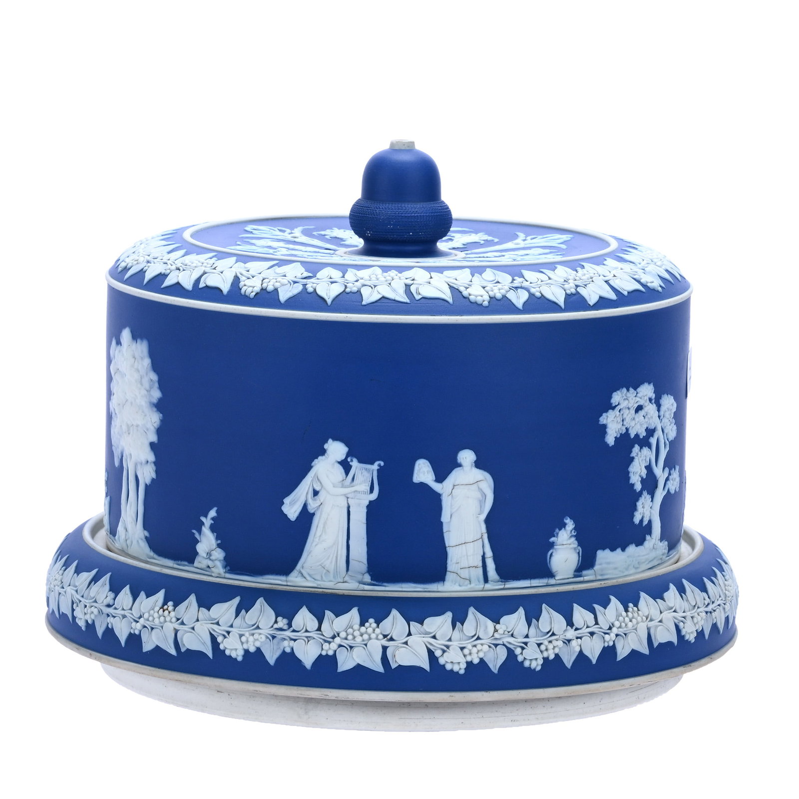 Cheese Keeper, Attributed To Adams, Unmarked: Cheese Keeper, Attributed To Adams, Unmarked, 8 x 12.5 x 12.5 Inches, Blue And White Jasperware, Wedgwood Style, Classic Scenic Decor, Acorn Finial, 7.5 Pounds, Barbara Shulhof Estate. Effective