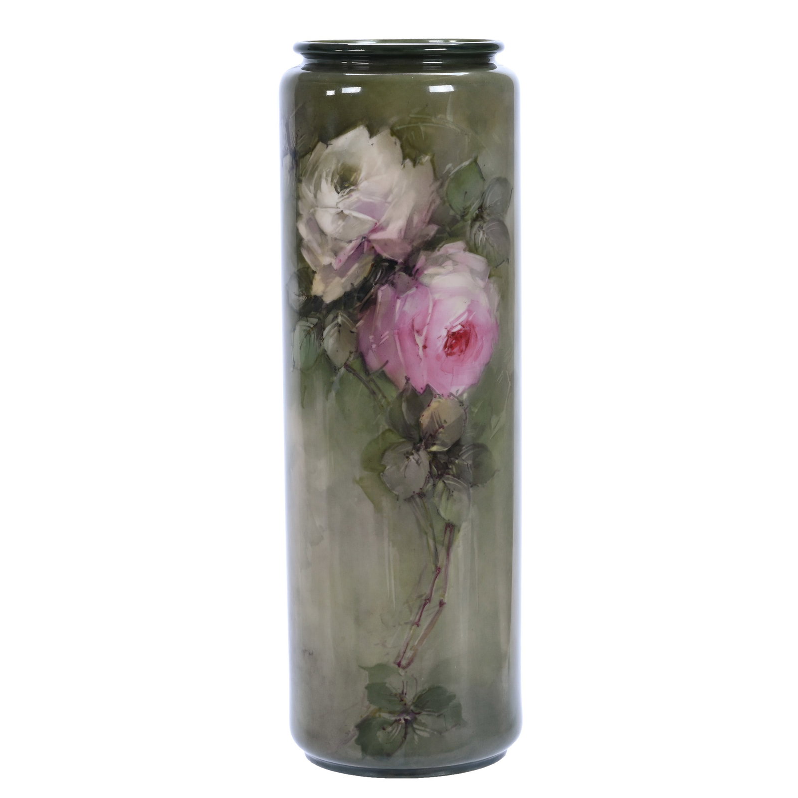 Cylinder Vase, Marked Willets Belleek: Cylinder Vase, Marked Willets Belleek, 16 x 5.25 x 5.25 Inches, Green Background With Hand Painted Pink And White Rose Decor, 3.8 Pounds, William "Bill" Wright Collection, Wisconsin. Effective