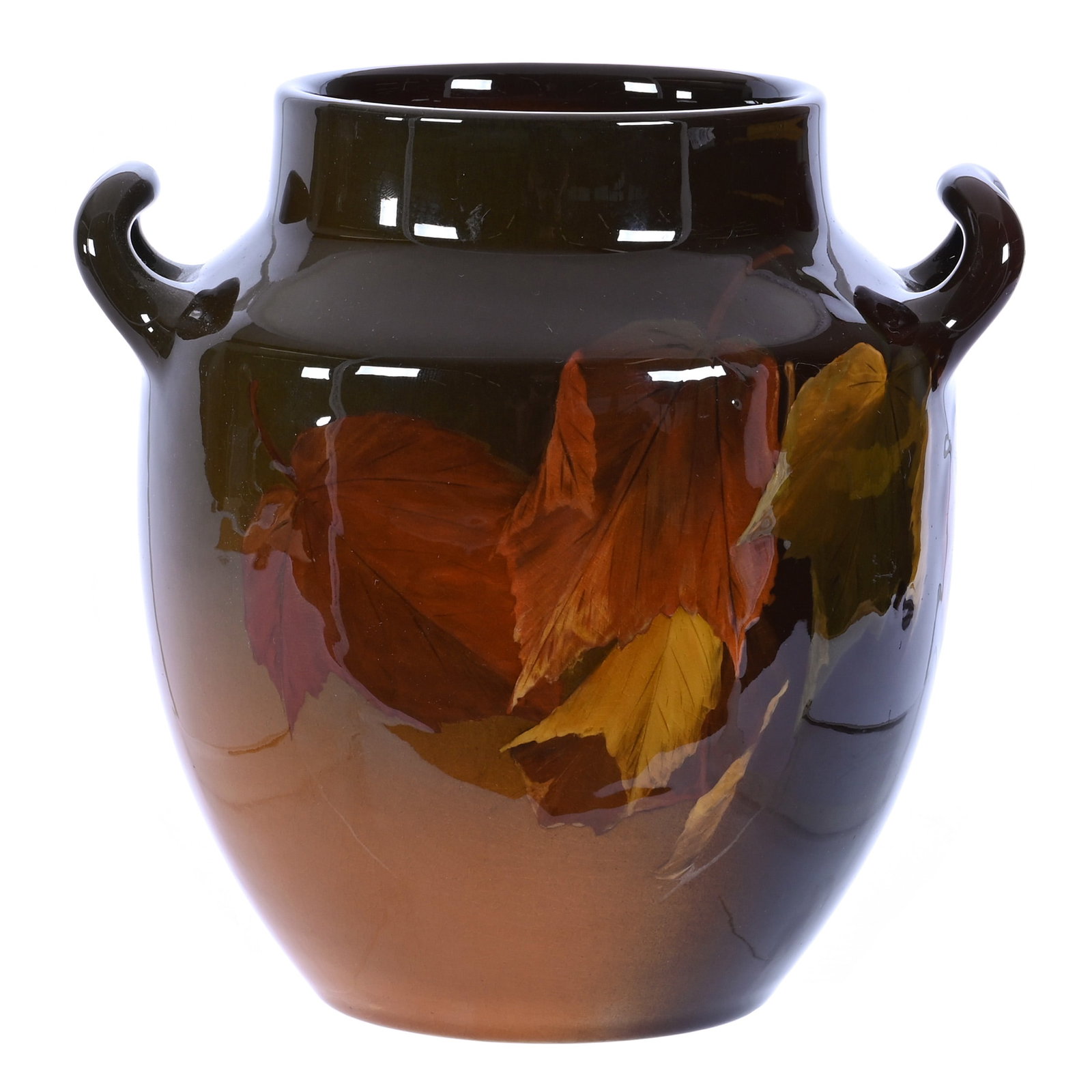Two Handled Vase, Marked Rookwood Art Pottery, Dated 1897: Two Handled Vase, Marked Rookwood Art Pottery, Dated 1897, 5.75 x 5.75 x 5 Inches, Beautiful Brown Standard Glaze With Leaf Decor, Artist Signed LNL (Elizabeth Lincoln), 1.4 Pounds, Douglas Millhoff