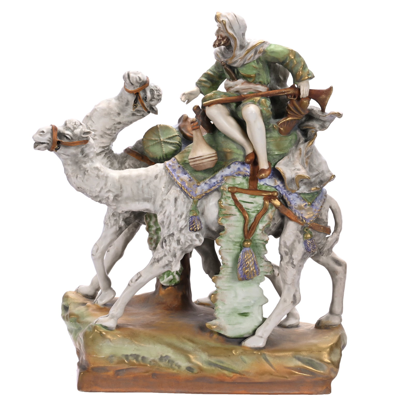 Figural Group, Marked Amphora: Figural Group, Marked Amphora, 15.75 x 11.5 x 6 Inches, Features Two Camels And Bedouin Rider With Rifle, Beautiful Piece, Is Missing Twine Reins, 10 Pounds, Barbara Shulhof Estate. Effective 6/6/26,