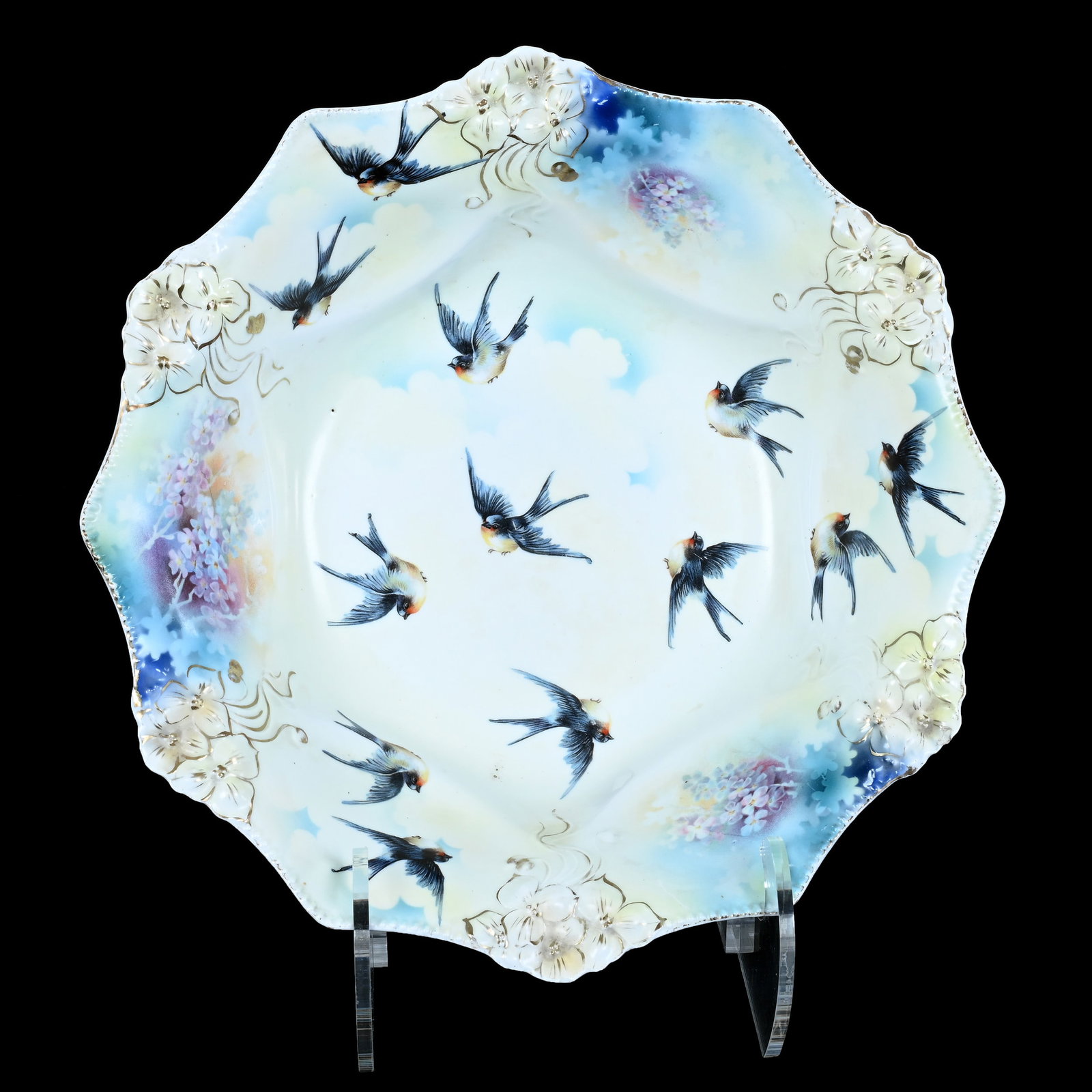 Bowl, Marked R.S. Prussia: Bowl, Marked R.S. Prussia, 10.75 x 10.75 x 3 Inches, Bluebird And Floral Decor, Nice Pastel Background Colors, 1.3 Pounds, William "Bill" Wright Collection, Wisconsin. Effective 6/6/26, All LiveAuctio