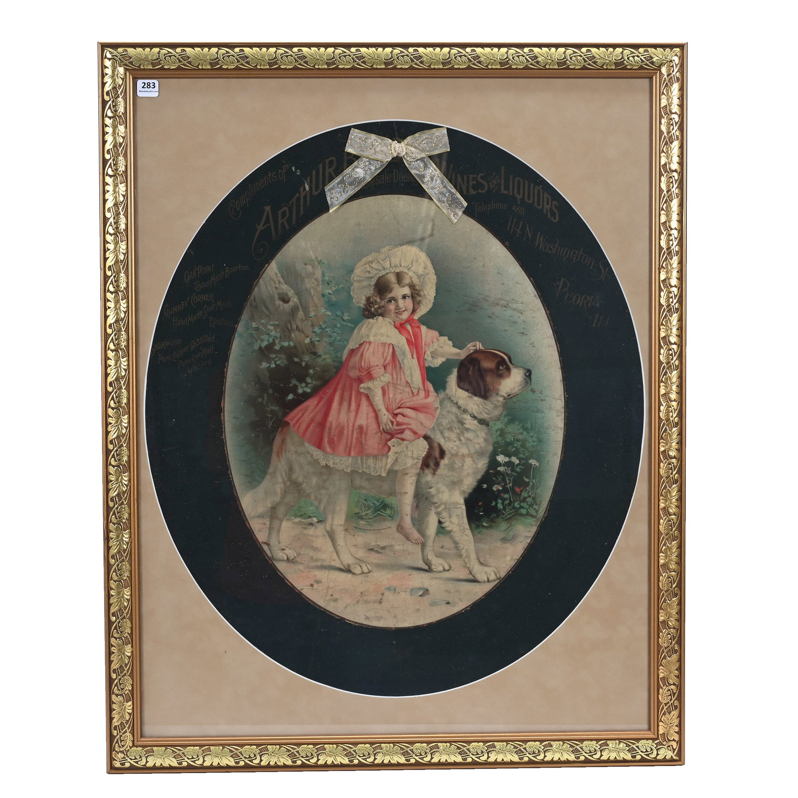 Framed Vintage Advertisement: Framed Vintage Advertisement, 30.5 x 24.5 x 1 Inches, Scene Of Young Girl Riding St. Bernard, "Compliments Arthur B. Wines & Liquors, Peoria, Il" (Whiskey Capital Of The World), Professional Modern Fr