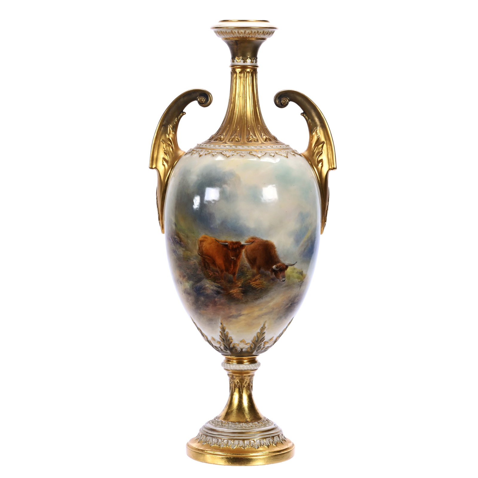 Pedestal Two Handled Vase, Marked Royal Worcester: Pedestal Two Handled Vase, Marked Royal Worcester, 20.5 x 8.5 x 7 Inches, Hand Painted Highland Cattle Scenic Decor Artist Signed J. Stinton, 4.5 Pounds, William "Bill" Wright Collection, Wisconsin.