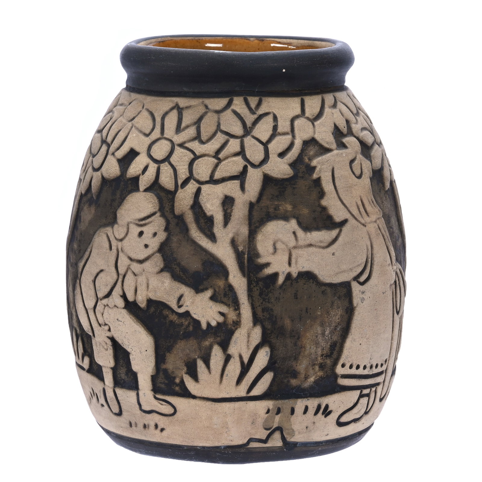 Vase, Marked Weller Art Pottery, Unglazed Burntwood: Vase, Marked Weller Art Pottery, Unglazed Burntwood, 6.25 x 5.25 x 5.25 Inches, Dechiwo (Devils, Children, And Women), Scene Of Children Playing With Bubbles, 2.1 Pounds, Douglas Millhoff Collection,