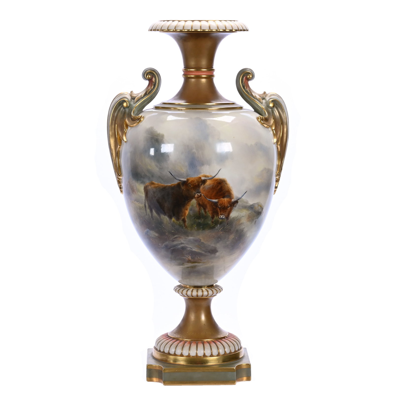Pedestal Two Handled Urn, Marked Royal Worcester: Pedestal Two Handled Urn, Marked Royal Worcester, 21 x 10.5 x 9 Inches, Hand Painted Highland Cattle Scenic Decor, Artist Signed John Stinton, Exceptional Example, 8.6 Pounds, William "Bill" Wright Co