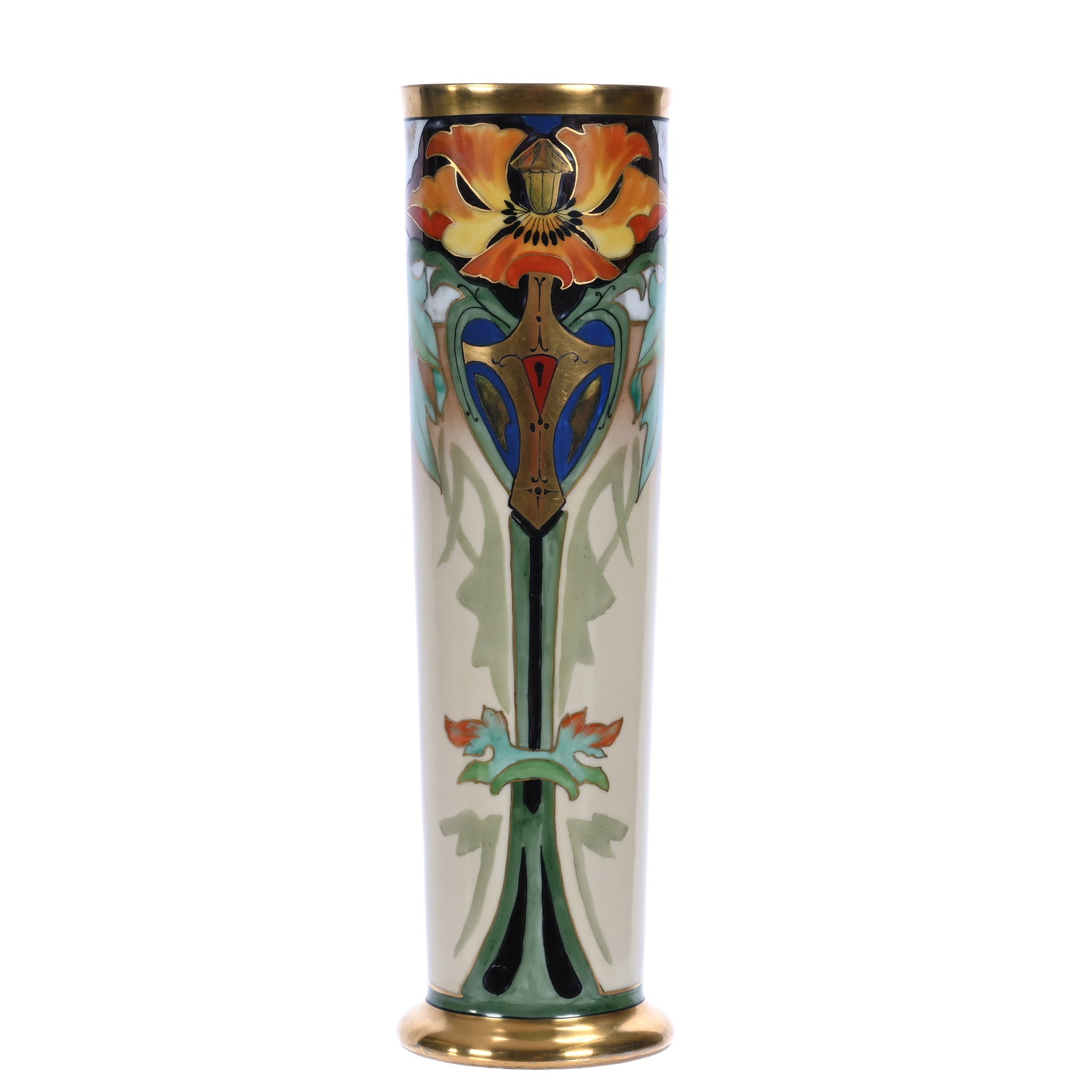 Cylinder Vase, Limoges: Cylinder Vase, Limoges, 15.5 x 4.5 x 4.5 Inches, Hand Painted Decoration By Brauer Chicago Studio, Art Deco Poppy Design, Artist Signed Barge, 3.2 Pounds, Private Collection, Michigan. Effective 6/6/2