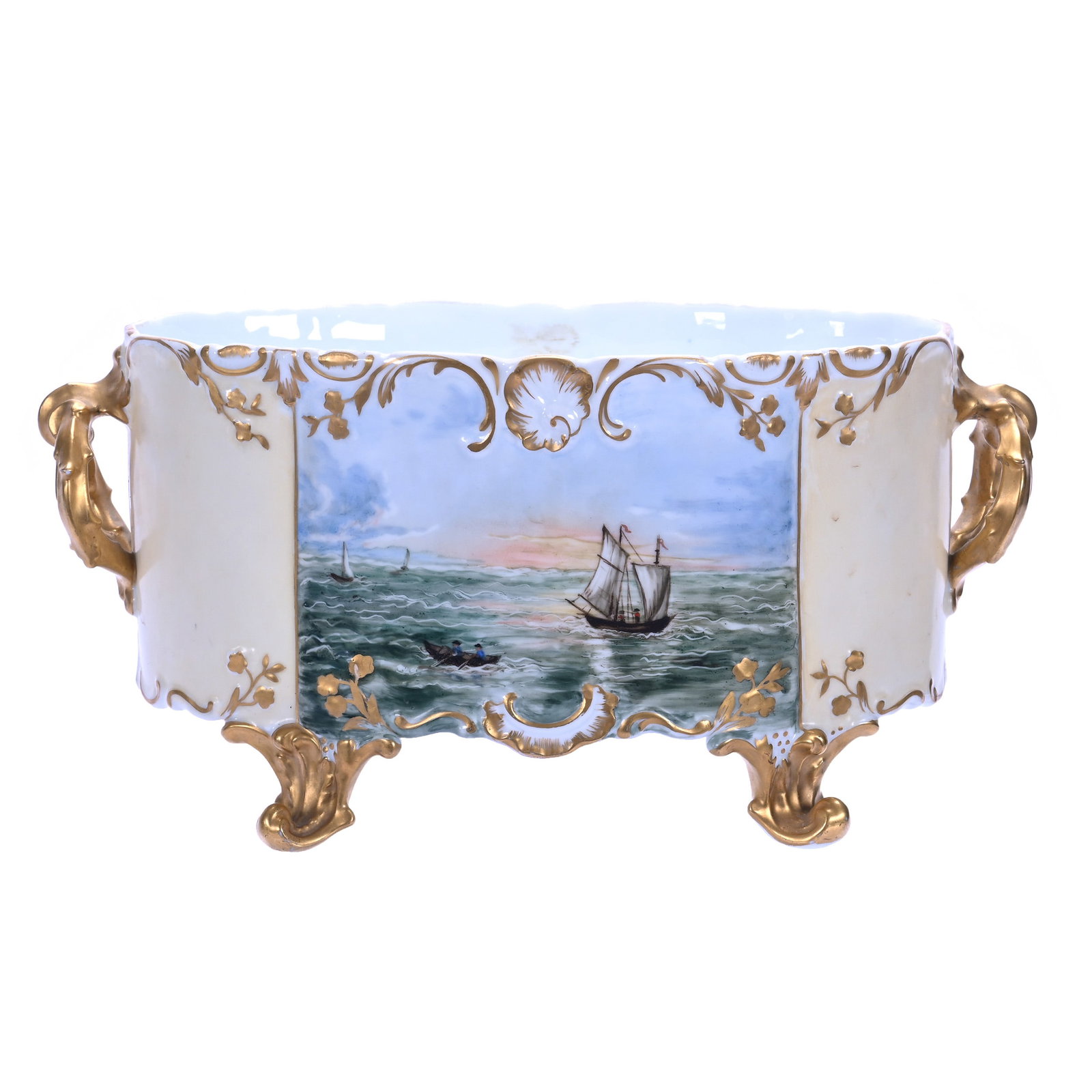 Oval Footed Planter, Marked Limoges: Oval Footed Planter, Marked Limoges, 11.5 x 6.25 x 5.5 Inches, Hand Painted Seagull And Sailboat Scenic Decors With Heavy Gold Trim Highlights, 2.7 Pounds, William "Bill" Wright Collection, Wisconsin.