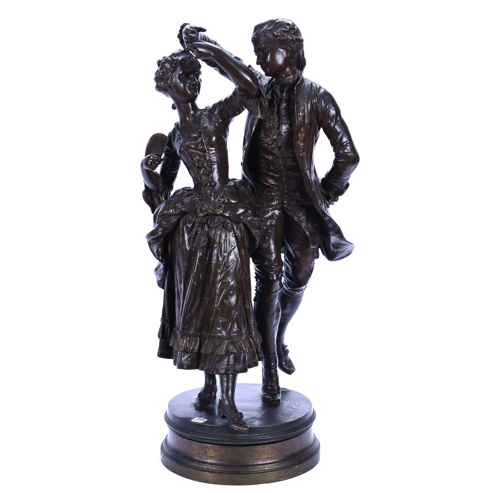 Original French Bronze Two Part Statue, Artist Signed "Henri Ple'" (1853-1922): Original French Bronze Two Part Statue, Artist Signed "Henri Ple'" (1853-1922), 28 x 14.5 x 12.5 Inches, Titled "La Dance," Depicts 18th Century Couple Dancing, Wonderful Brown Patina, Gilded Highligh