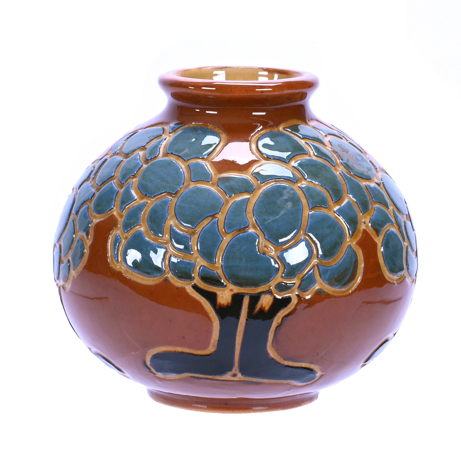 Vase, Unmarked Avon Faience Art Pottery By Rhead: Vase, Unmarked Avon Faience Art Pottery By Rhead, 4.25 x 4.5 x 4.5 Inches, Squeeze Bag Design, Brown Background With Blue Trees, 0.7 Pounds, Douglas Millhoff Collection, Ohio. Effective 6/6/26, All Li
