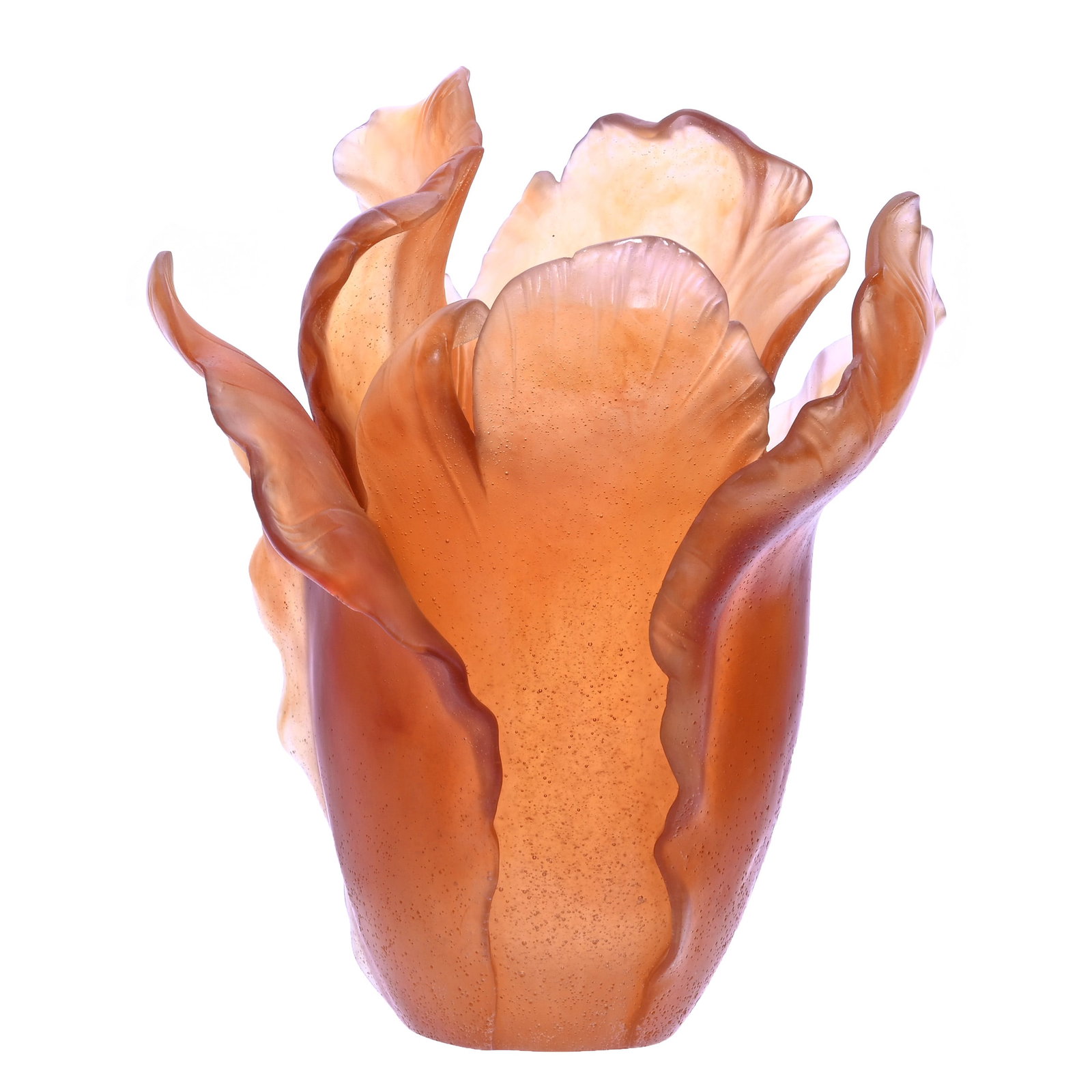 Floriform Vase, Signed Daum France Pate De Verre: Floriform Vase, Signed Daum France Pate De Verre, 13 x 11 x 10 Inches, Solid Amber With Elaborate Petal Design, Beautiful Size And Condition, 16.8 Pounds, William "Bill" Wright Collection, Wisconsin.