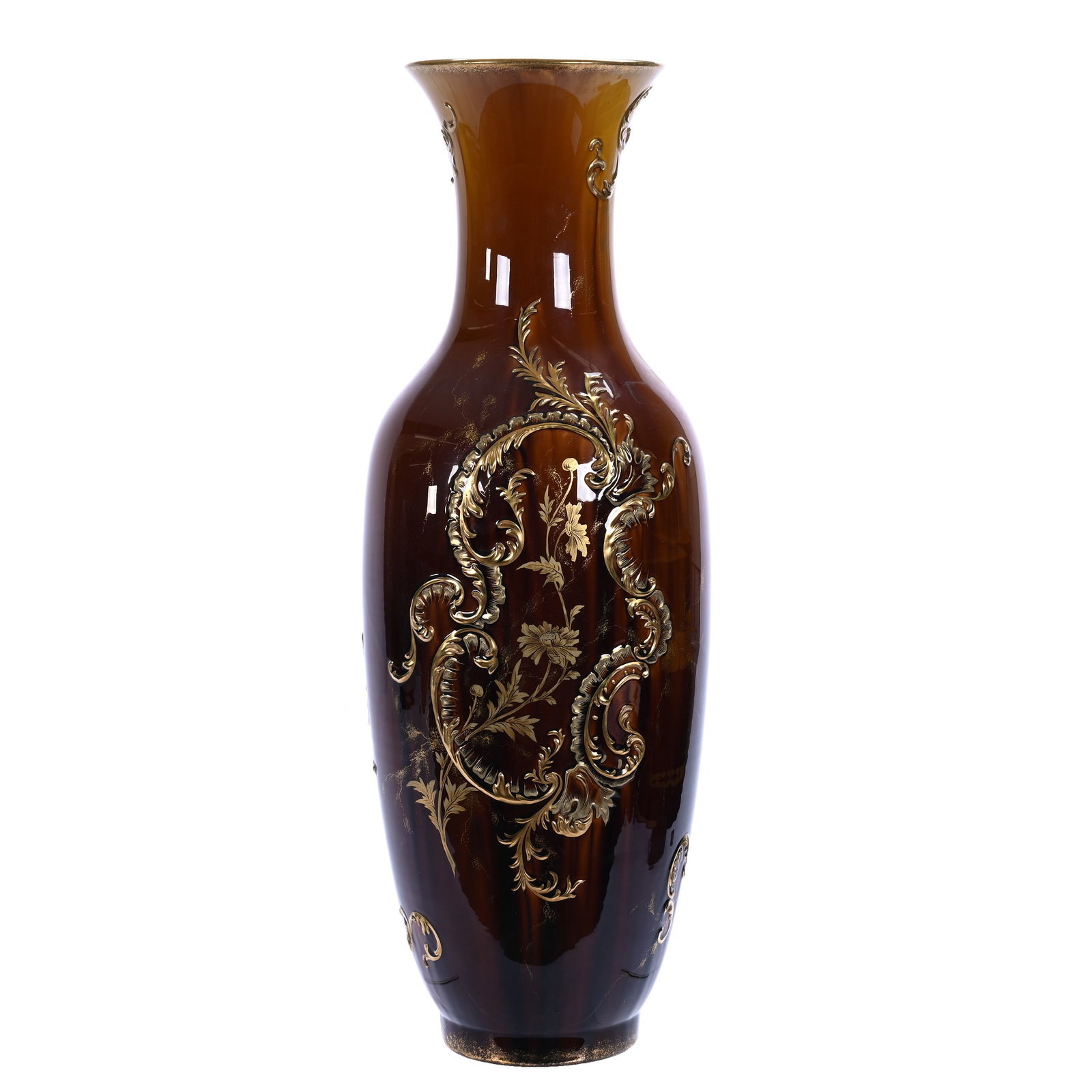 Large Vase, Marked K&G Luneville (Keller & Guerin),French Faience Pottery: Large Vase, Marked K&G Luneville (Keller & Guerin),French Faience Pottery, 27.25 x 9 x 9 Inches, Circa 1880s, Brown Tones With Raised Scroll Relief And Exceptional Gold Stencil Highlights, Minor
