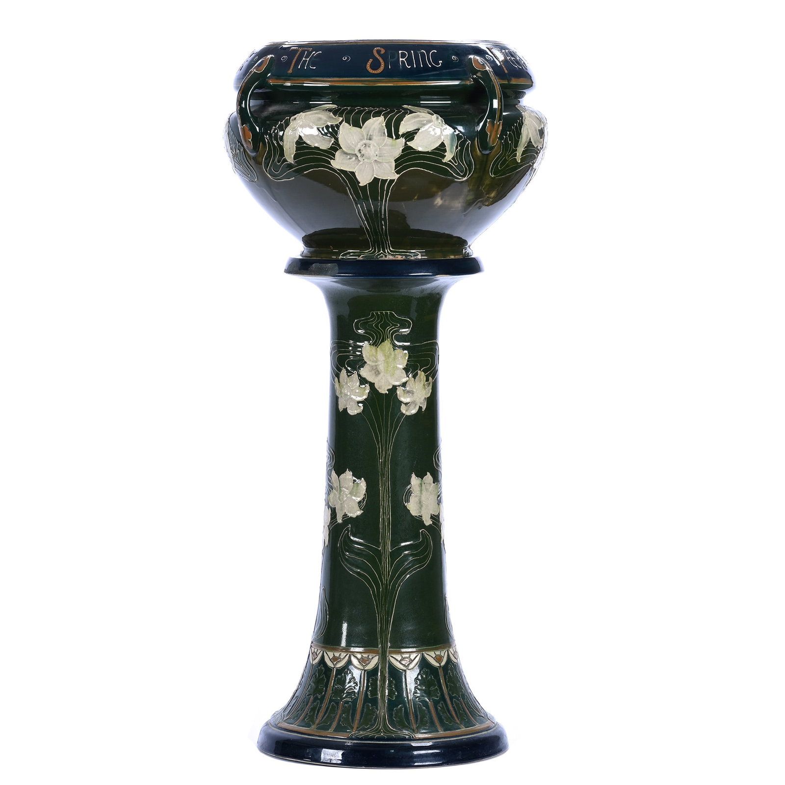 Two Piece Jardiniere, Unmarked Weller Faience By Harry Rhead: Two Piece Jardiniere, Unmarked Weller Faience By Harry Rhead, 39 x 20 x 20 Inches, Squeeze Bag Design With Spring Pattern, Green Background With White Blossoms And Cobalt Blue Border, Features Relief