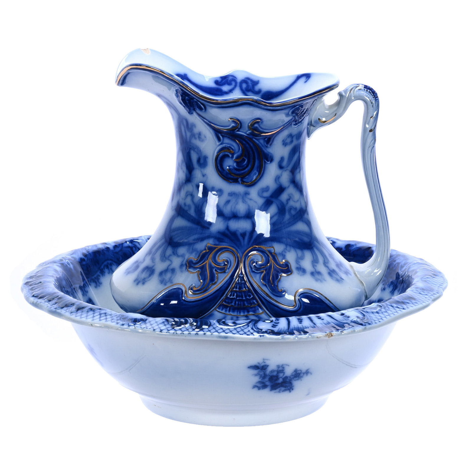 Pitcher And Bowl Set, Flow Blue Marked Wood & Sons: Pitcher And Bowl Set, Flow Blue Marked Wood & Sons, 13.5 x 16.5 x 16 Inches, Saint Regis Pattern Pitcher, Has Rim Glaze Chip And Princess Pattern Bowl, 10.4 Pounds, William "Bill" Wright Collection,