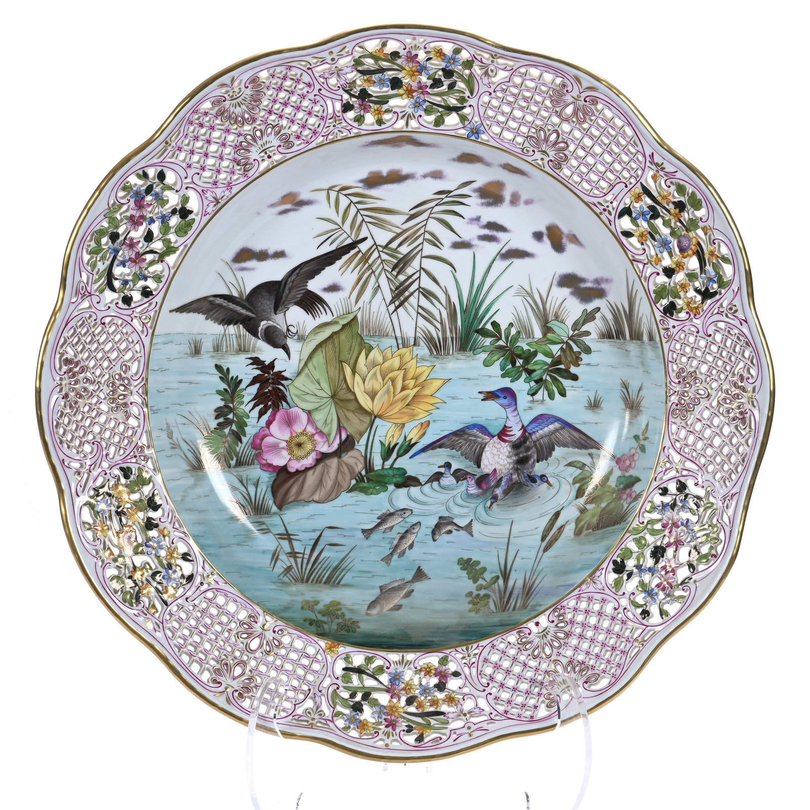 Massive Charger, Marked Herend Porcelain: Massive Charger, Marked Herend Porcelain, 20.5 x 20.5 x 3.75 Inches, Oiseaux Aquatiques Model #4, Signed Weber Gyula, Beautiful Reticulated Border, Bird Of Prey, Fish, And Ducks Scenic Decor, Largest