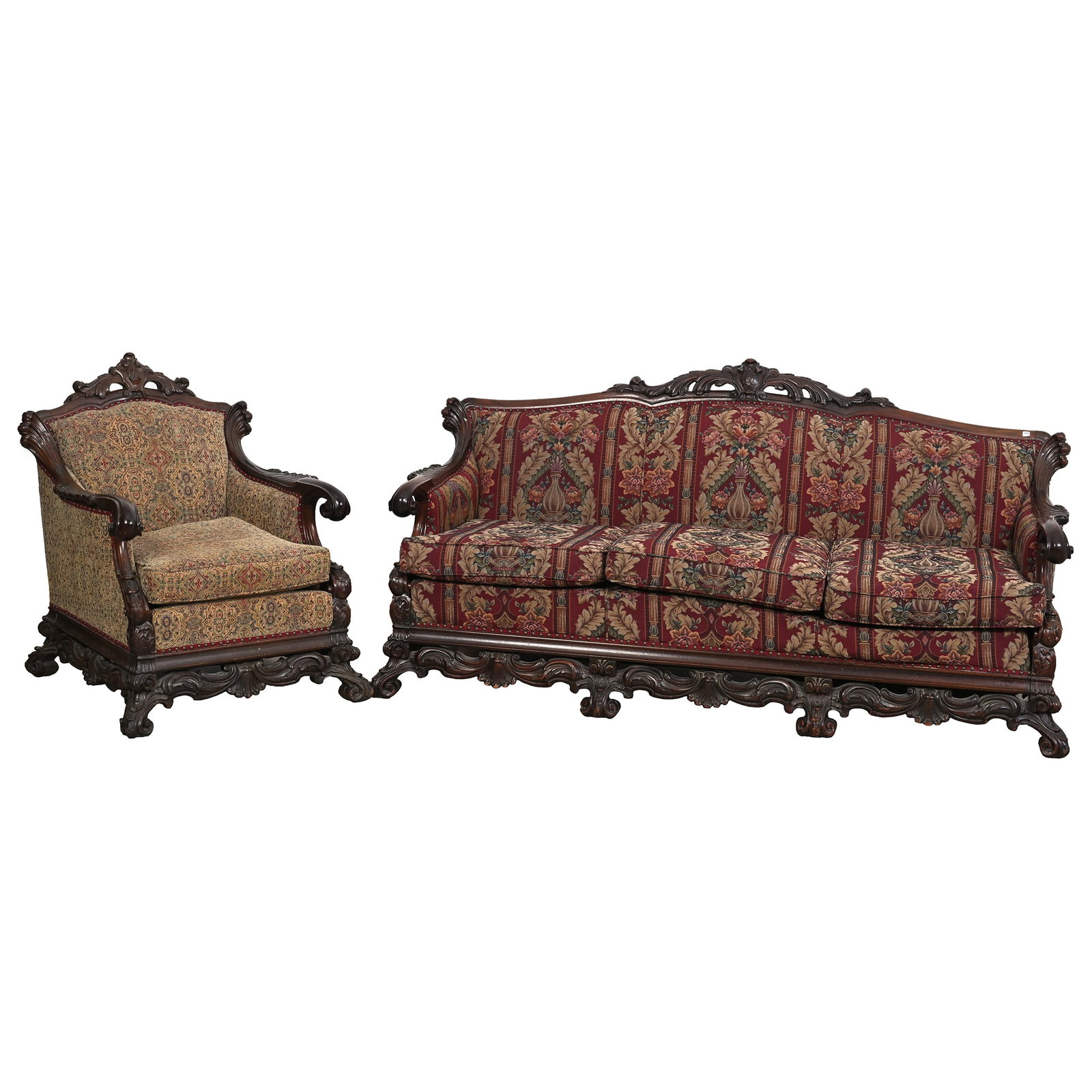 (2) Piece Parlor Set, Carved Mahogany By Karpen: (2) Piece Parlor Set, Carved Mahogany By Karpen, 40.5 x 83 x 32 Inches, Beautiful Carved Scallop And Shell Design, (1) Three Person Sofa and (1) 39.5" X 32" Armchair, Complementary Fabrics, The Sofa