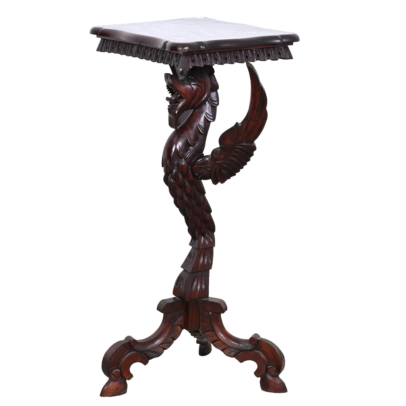 Three Legged Fern Stand, Highly Carved Mahogany: Three Legged Fern Stand, Highly Carved Mahogany, 35.5 x 17.5 x 13.5 Inches, Figural Griffin Column, Very Nice Example, Unknown Maker, Circa 1900s, Approximate Weight Provided. Woody Auction Cannot