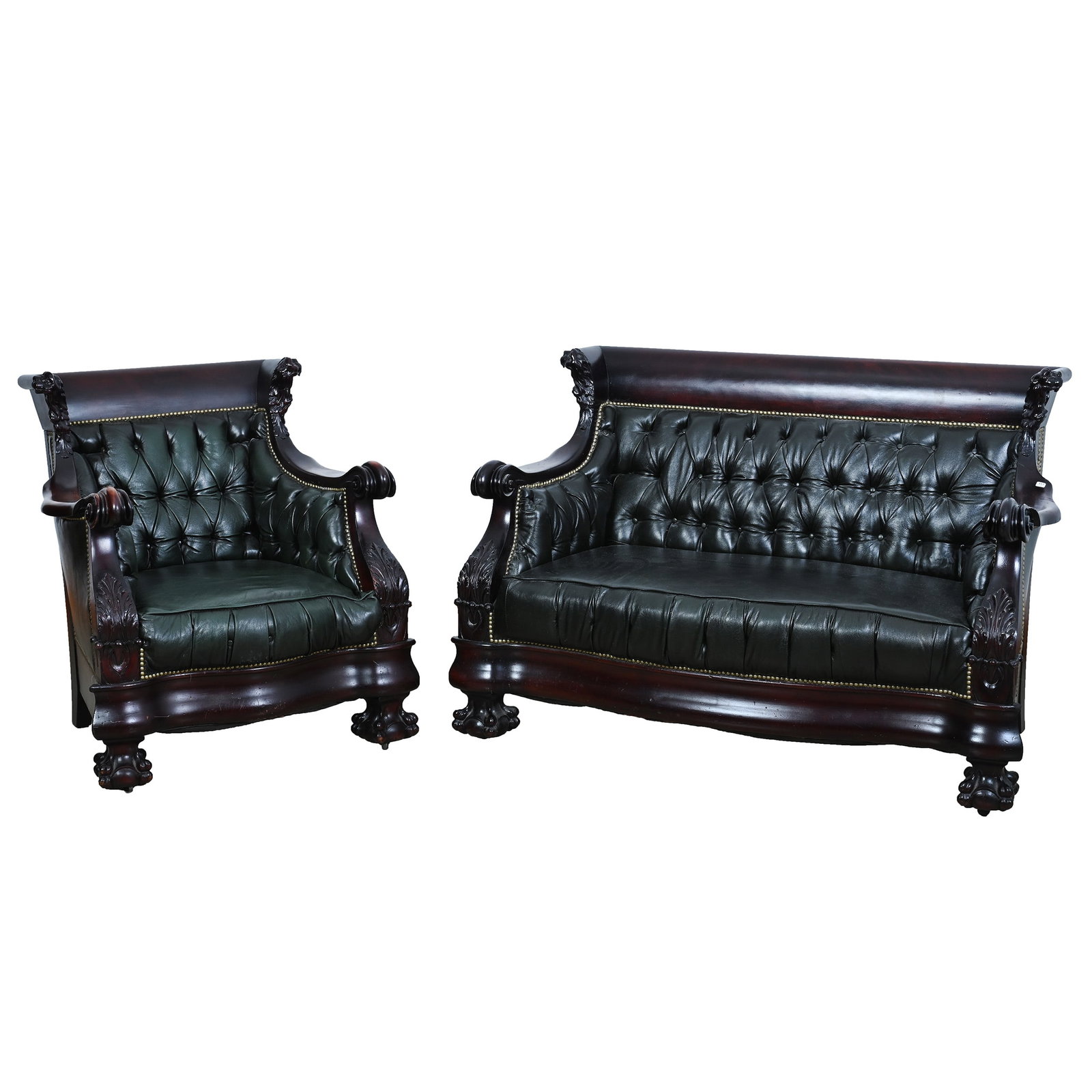 (2) Piece Parlor Set, Elaborate Carved Mahogany By Karpen: (2) Piece Parlor Set, Elaborate Carved Mahogany By Karpen, 40 x 58.5 x 32 Inches, Lions Head And Leaf Design With Inset Jeweled Eyes, Large Claw And Ball Feet, (1) Sofa and (1) 38.5" X 34" Armchair,