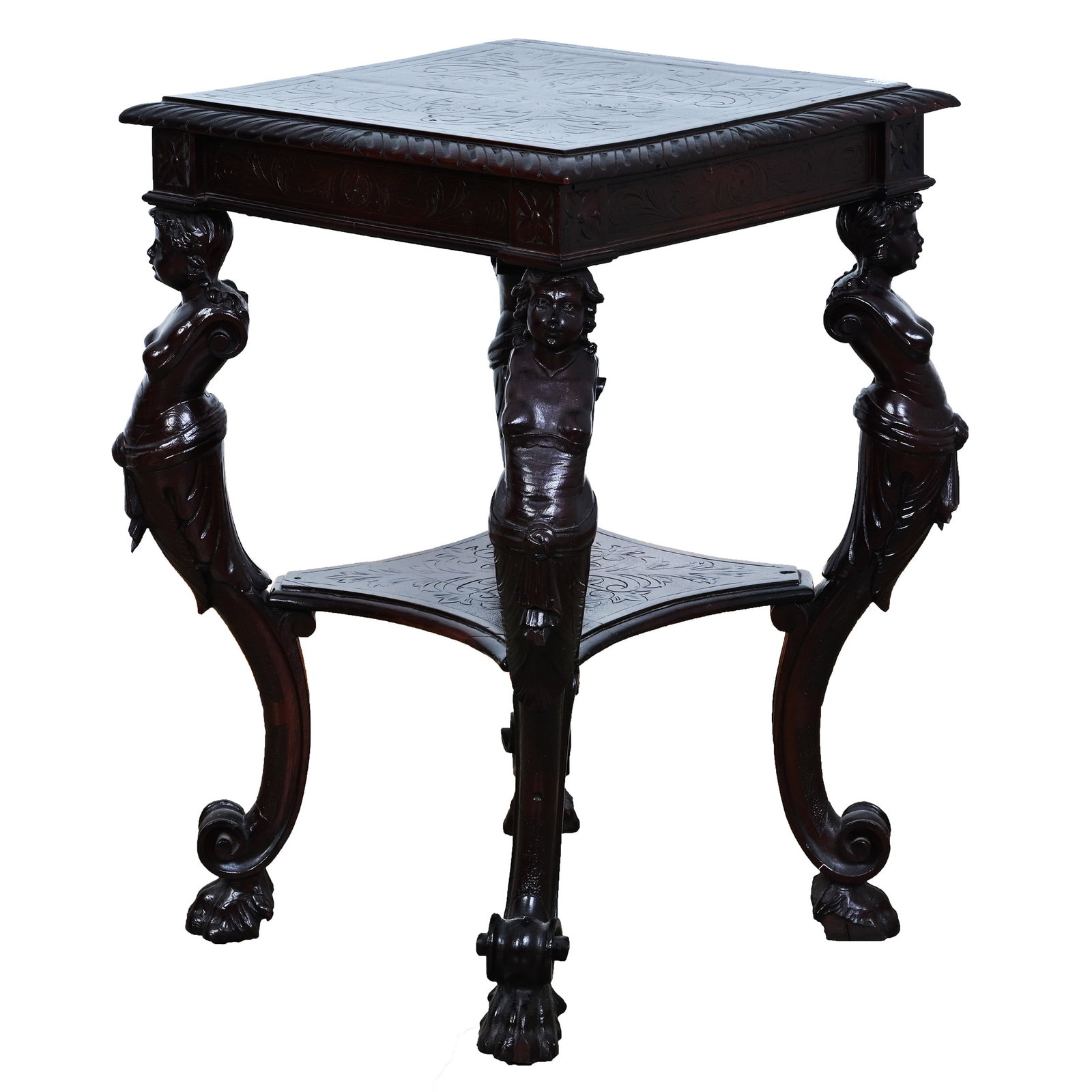 Victorian Side Table, Carved Mahogany: Victorian Side Table, Carved Mahogany, 27.5 x 19 x 19 Inches, Depicts Female Bust On Legs, Lion Feet, Attributed To Karpen, Excellent Detail And Quality, Approximate Weight Provided. Woody Auction