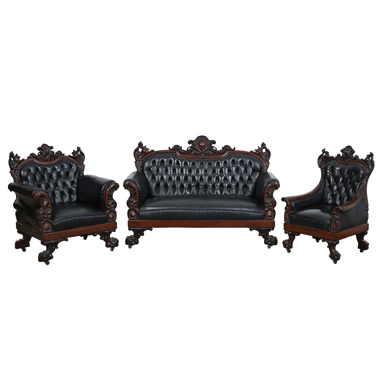 (3) Piece Parlor Set, Heavily Carved Mahogany By Karpen: (3) Piece Parlor Set, Heavily Carved Mahogany By Karpen, 43.5 x 62 x 30 Inches, Features Winged Griffons, Deep Scroll And Shell Highlights, Claw And Ball Feet, Set Includes: (1) Sofa, (1) 41.5" X