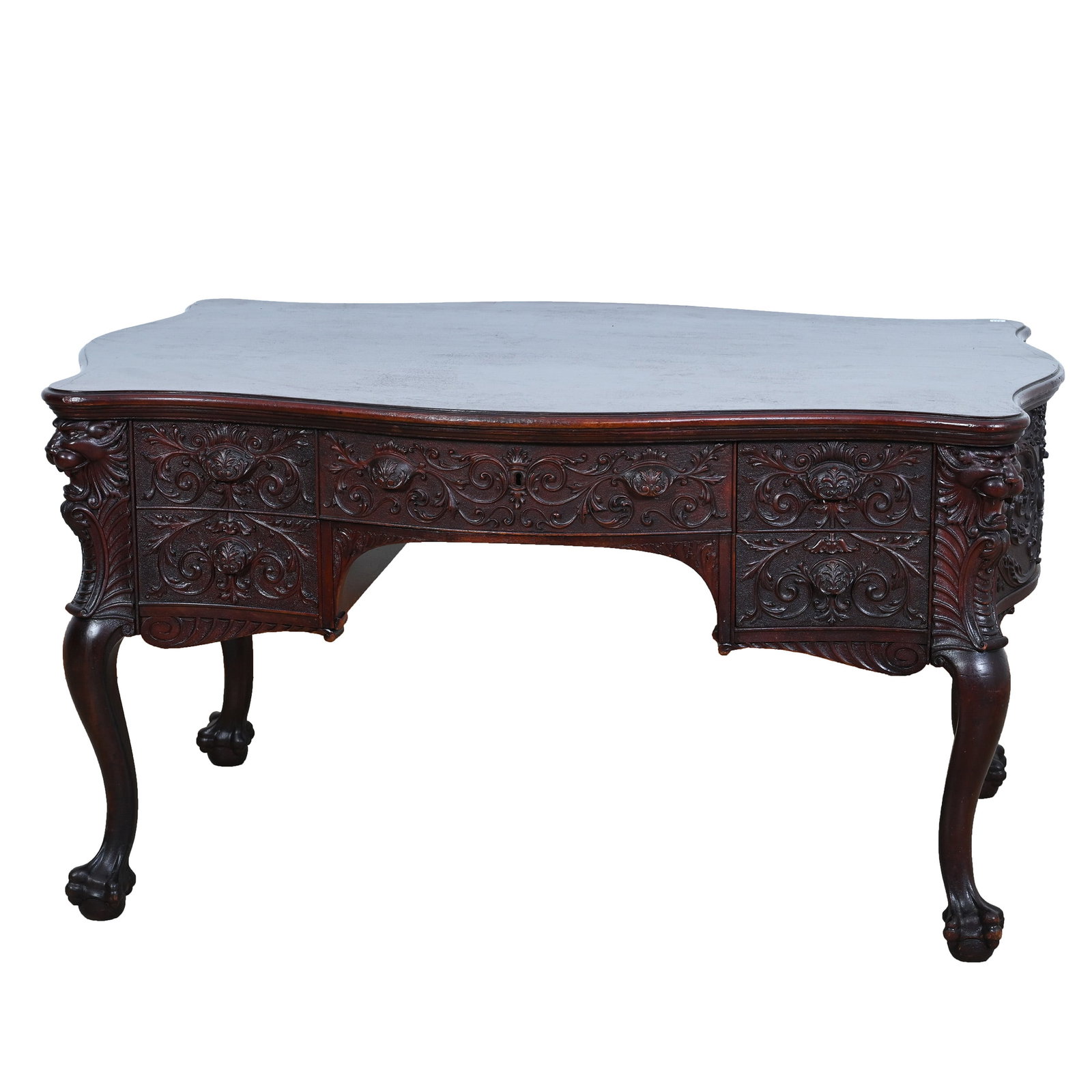 Partners Desk, Elaborate Carved Mahogany By Karpen: Partners Desk, Elaborate Carved Mahogany By Karpen, 29 x 54 x 37.5 Inches, Five Drawers On Each Side, Carved Lion Head Corners With Lion Feet, Elaborate Scroll Design, Must See, One Pull Is Damaged,
