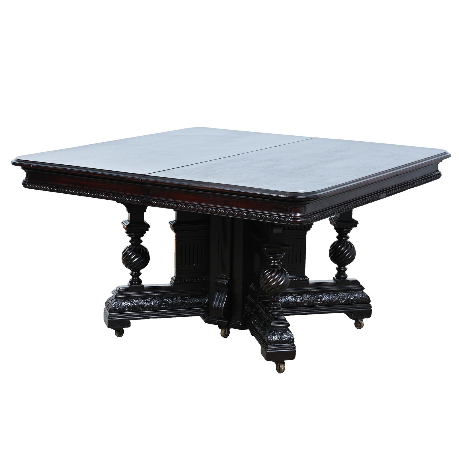 Massive Dining Table, Carved Mahogany: Massive Dining Table, Carved Mahogany, 30.25 x 53.5 x 53.5 Inches, Features Large Spherical Swirled Pillars, Has Carved Floral Highlights On Base, Has A Twist Edge Design, Approximate Weight Provided.