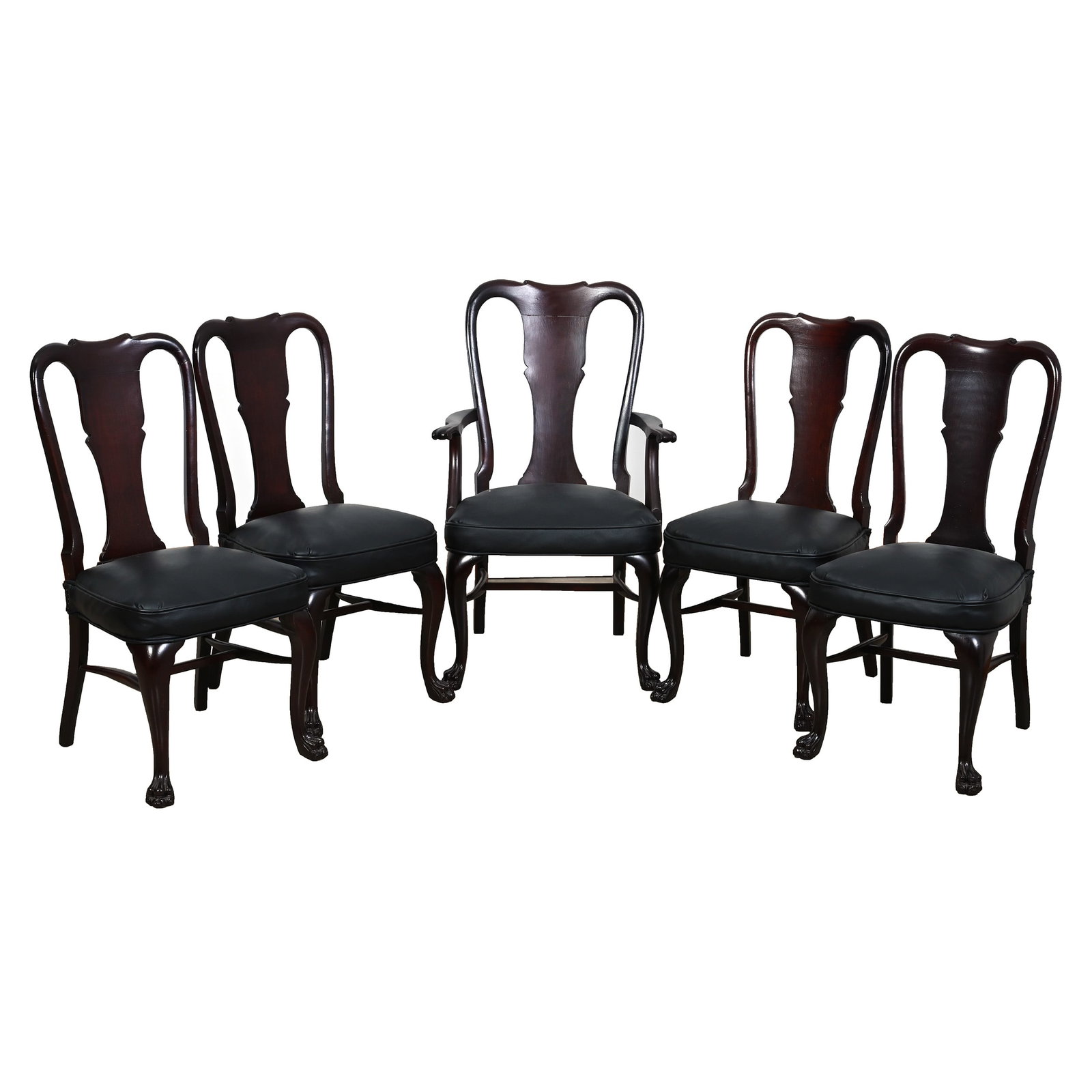 (5) Dining Chairs, Mahogany: (5) Dining Chairs, Mahogany, 41 x 26 x 25 Inches, Claw Feet, Black Leather Cushions, (1) Armed Chair and (4) 39" X 19" X 21" Side Chairs, Approximate Weight Provided. Woody Auction Cannot Ship This