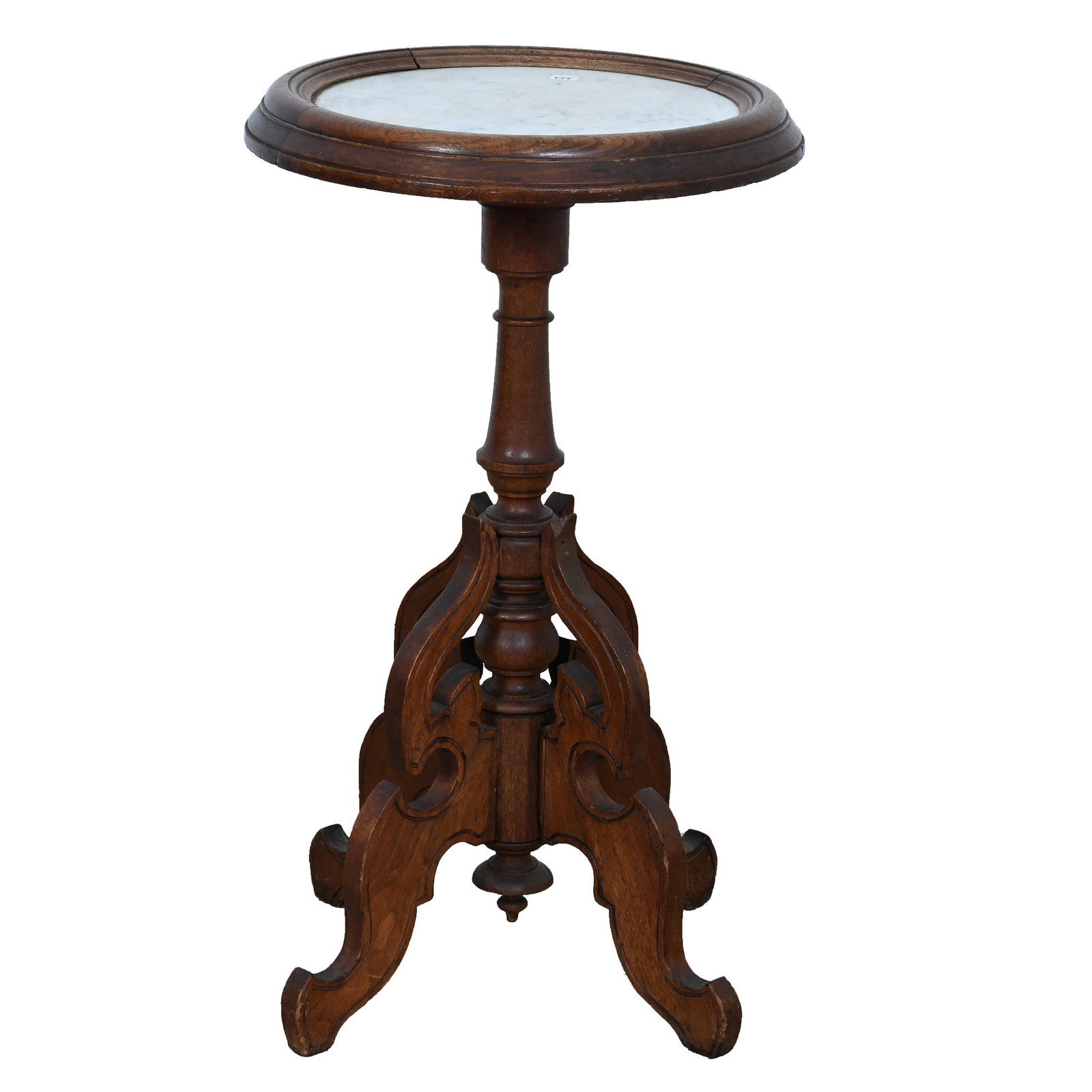 Fern Stand, Walnut: Fern Stand, Walnut, 29 x 16.75 x 16.75 Inches, Four Legged, Framed White Marble Top, Approximate Weight Provided. Woody Auction Cannot Ship This Item, It Must Be Picked Up In Person In Douglas, KS Or