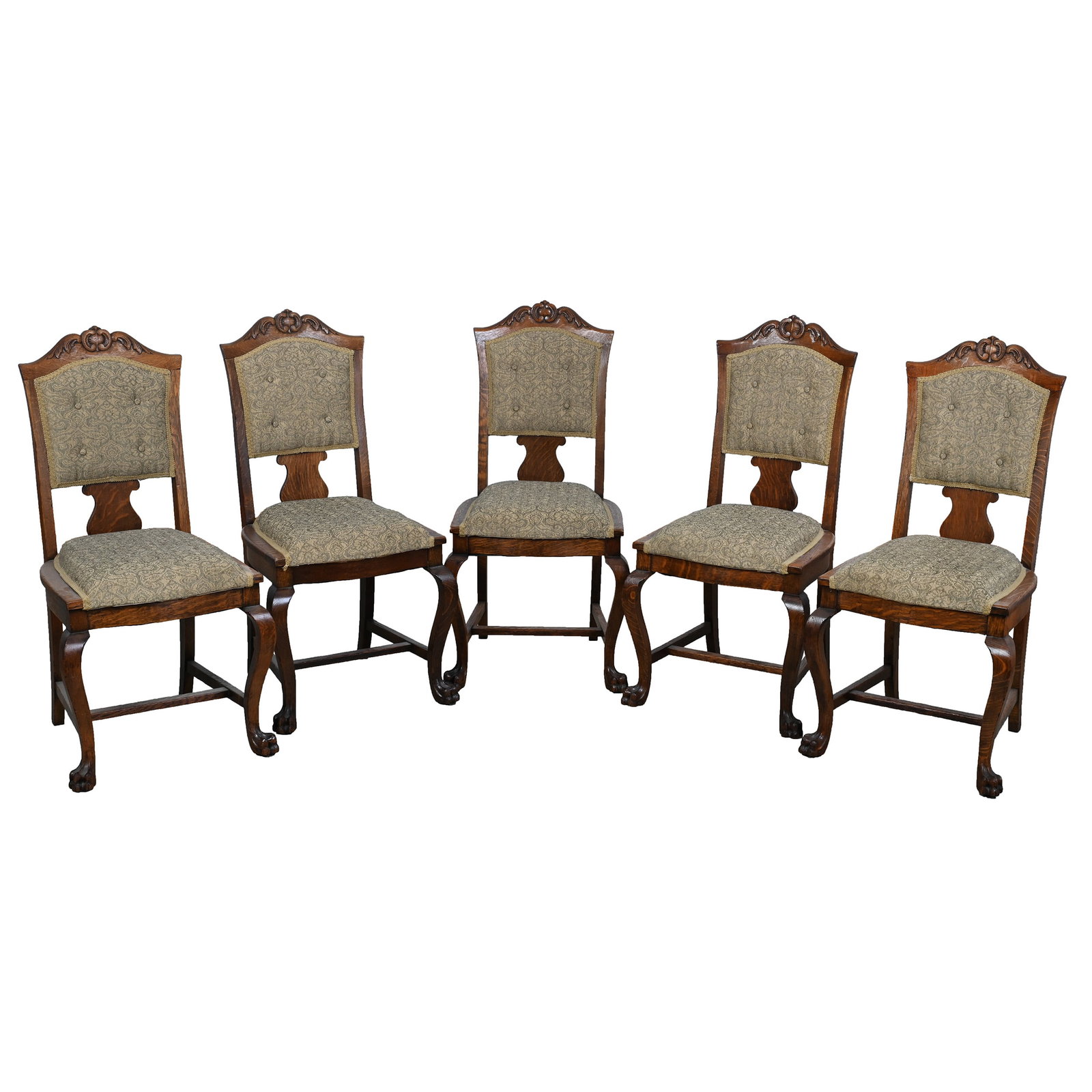 (5) Dinner Chairs, Oak: (5) Dinner Chairs, Oak, 39 x 19.5 x 20 Inches, Carved Claw Feet, Green Decorated Upholstery Fabric, Approximate Weight Provided. Woody Auction Cannot Ship This Item, It Must Be Picked Up In Person In