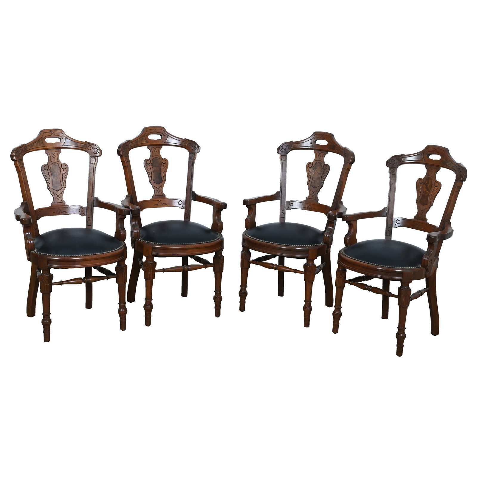 (4) Armed Dinner Chairs, Walnut With Burled Panels: (4) Armed Dinner Chairs, Walnut With Burled Panels, 38.5 x 22 x 23.5 Inches, Black Leather Cushion Seat, Approximate Weight Provided. Woody Auction Cannot Ship This Item, It Must Be Picked Up In