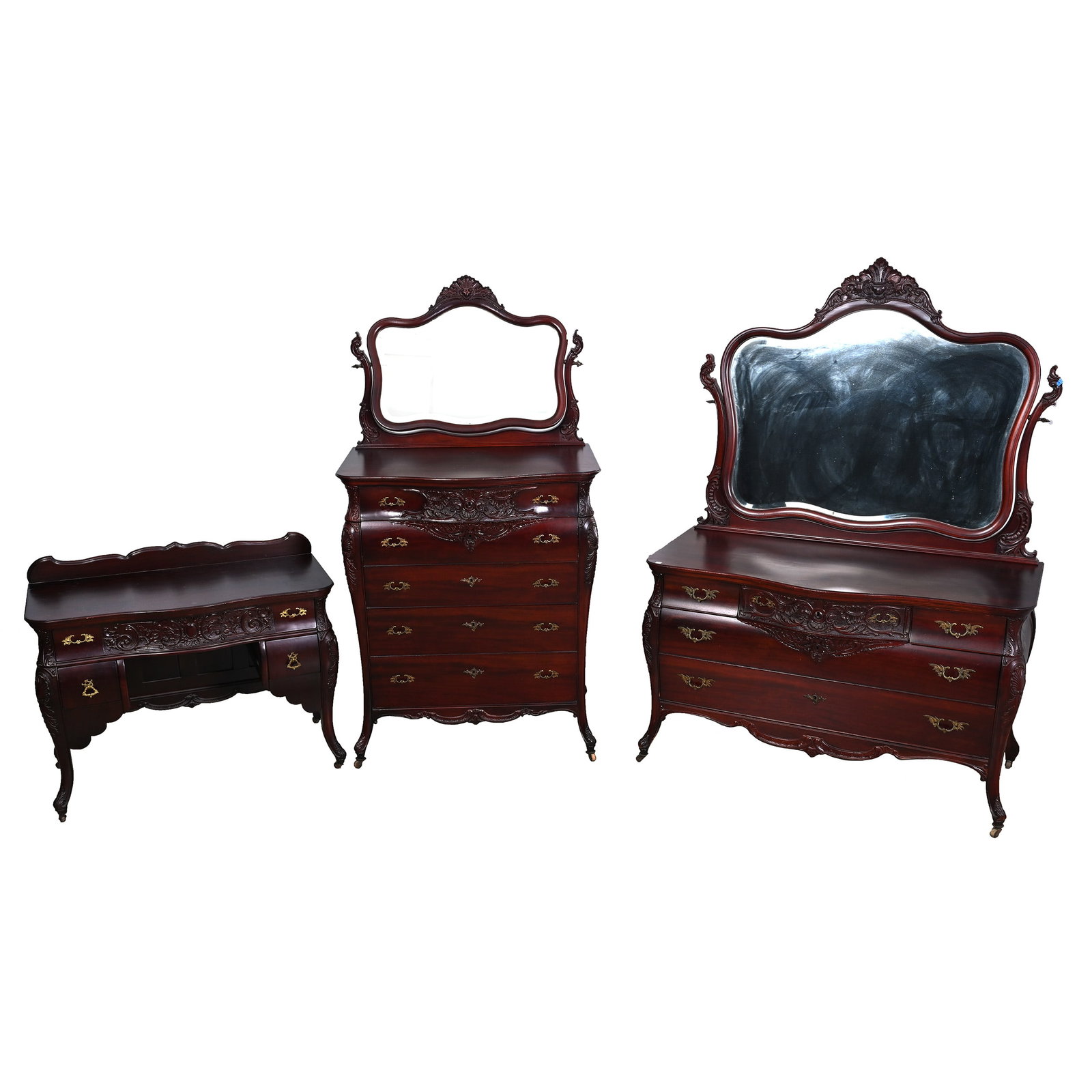 (3) Piece Bedroom Set, Wonderful Carved Mahogany By Karpen: (3) Piece Bedroom Set, Wonderful Carved Mahogany By Karpen, 74.5 x 53 x 26 Inches, Elaborate Scroll And Shell Design, (1) Large Dresser With Beveled Mirror, (1) 73" X 37" High Boy Dresser With Beveled