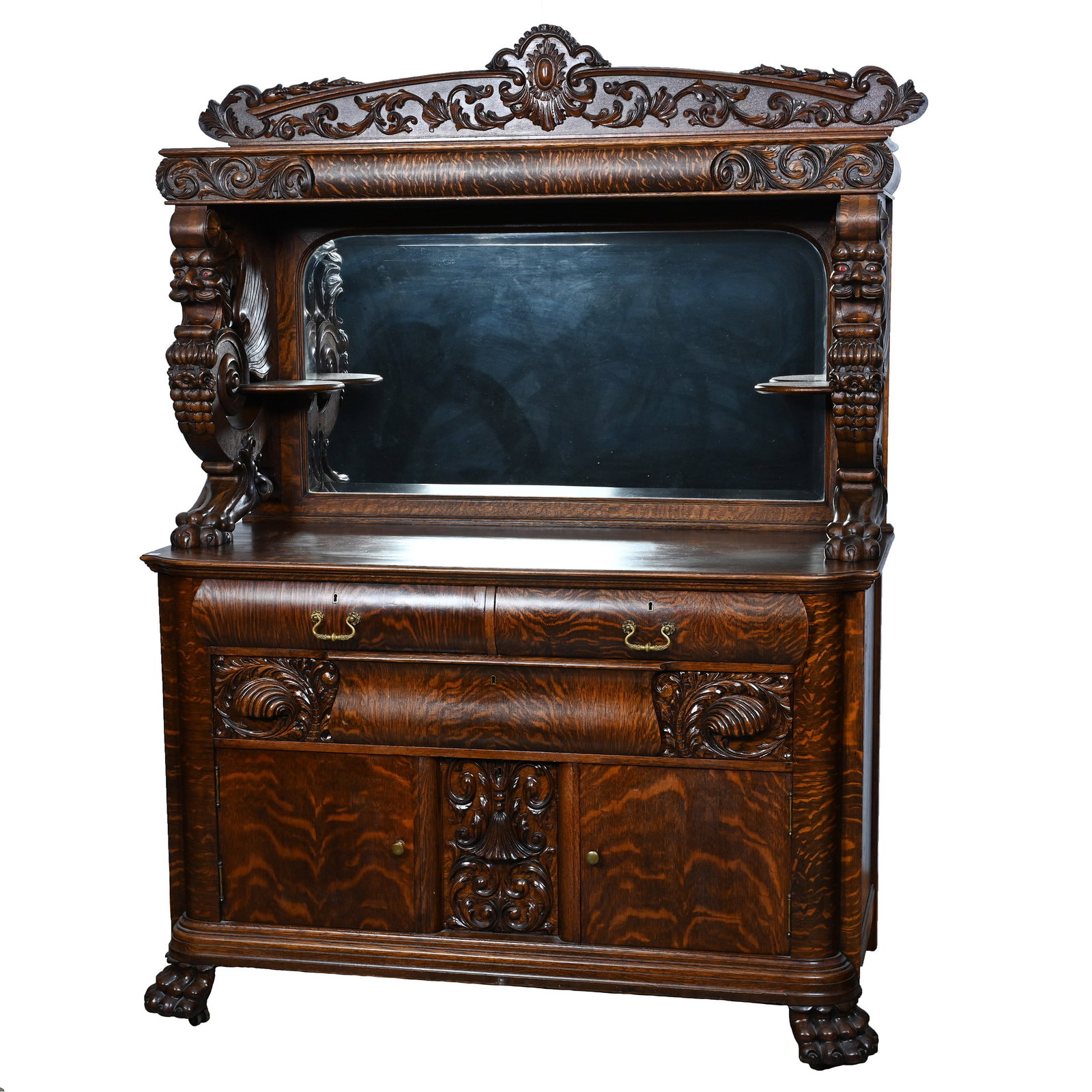 Buffet, Quarter Sawn Oak, By R.J. Horner: Buffet, Quarter Sawn Oak, By R.J. Horner, 82 x 61 x 27 Inches, Massive Carved Griffin Supports With Beveled Mirror Back, Claw Feet, Shell And Floral Carved Highlights, Incredible Buffet, Approximate W