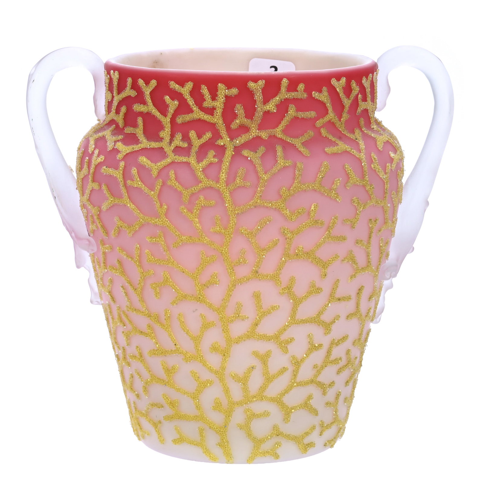 Two-Handled Vase, Satin Peachblow Art Glass: Two-Handled Vase, Satin Peachblow Art Glass, 7 x 7.25 x 5.75 Inches, Heavy Coralene Coral Decor Overlay, Frosted Applied Handles, Body Crack, 1.9 Pounds, John And Doris Carty Estate Collection, IA,